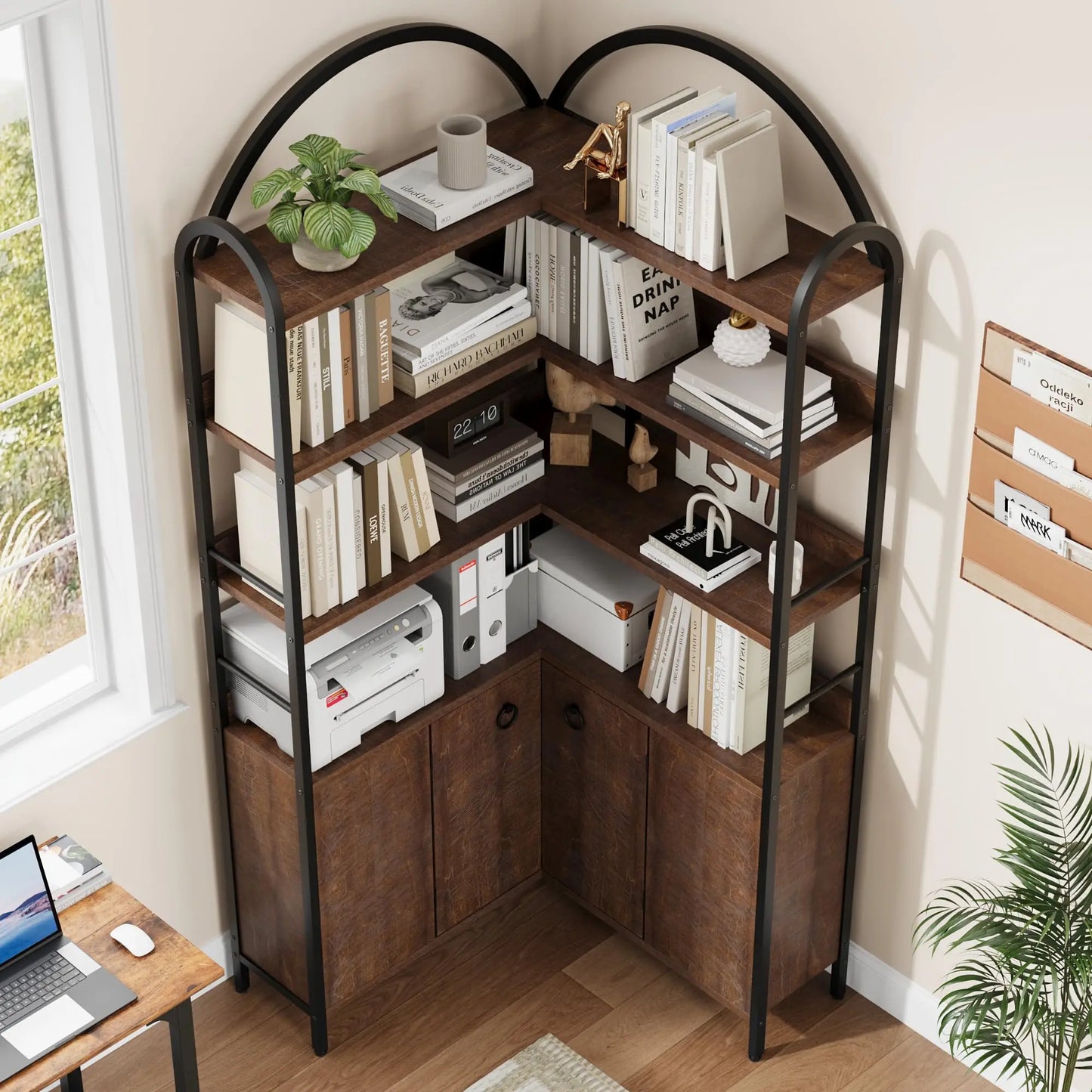 HiMiss Arched Corner Bookcase With Cabinet Storage Shelf Unit
