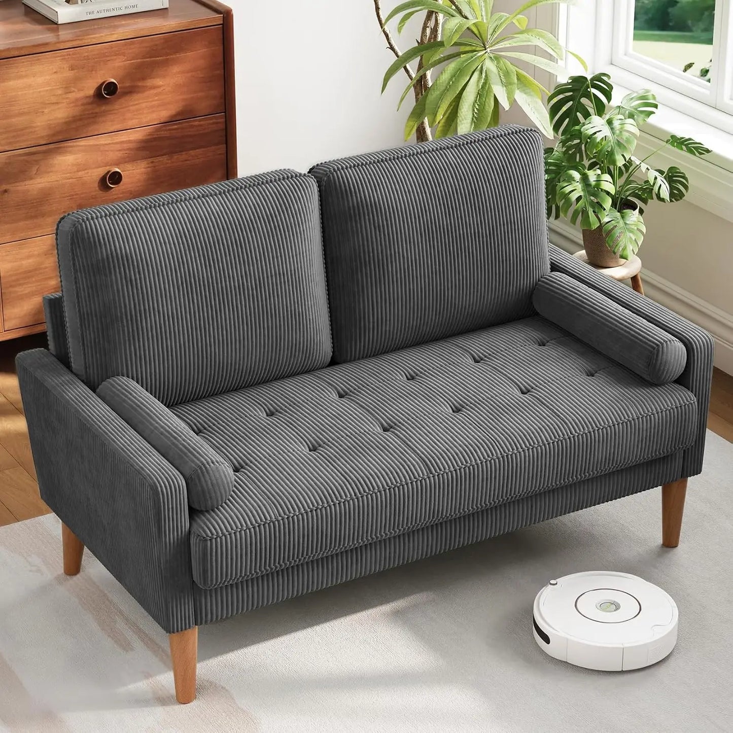 Mid Century Modern Loveseat With Velvet Fabric And Wood Legs