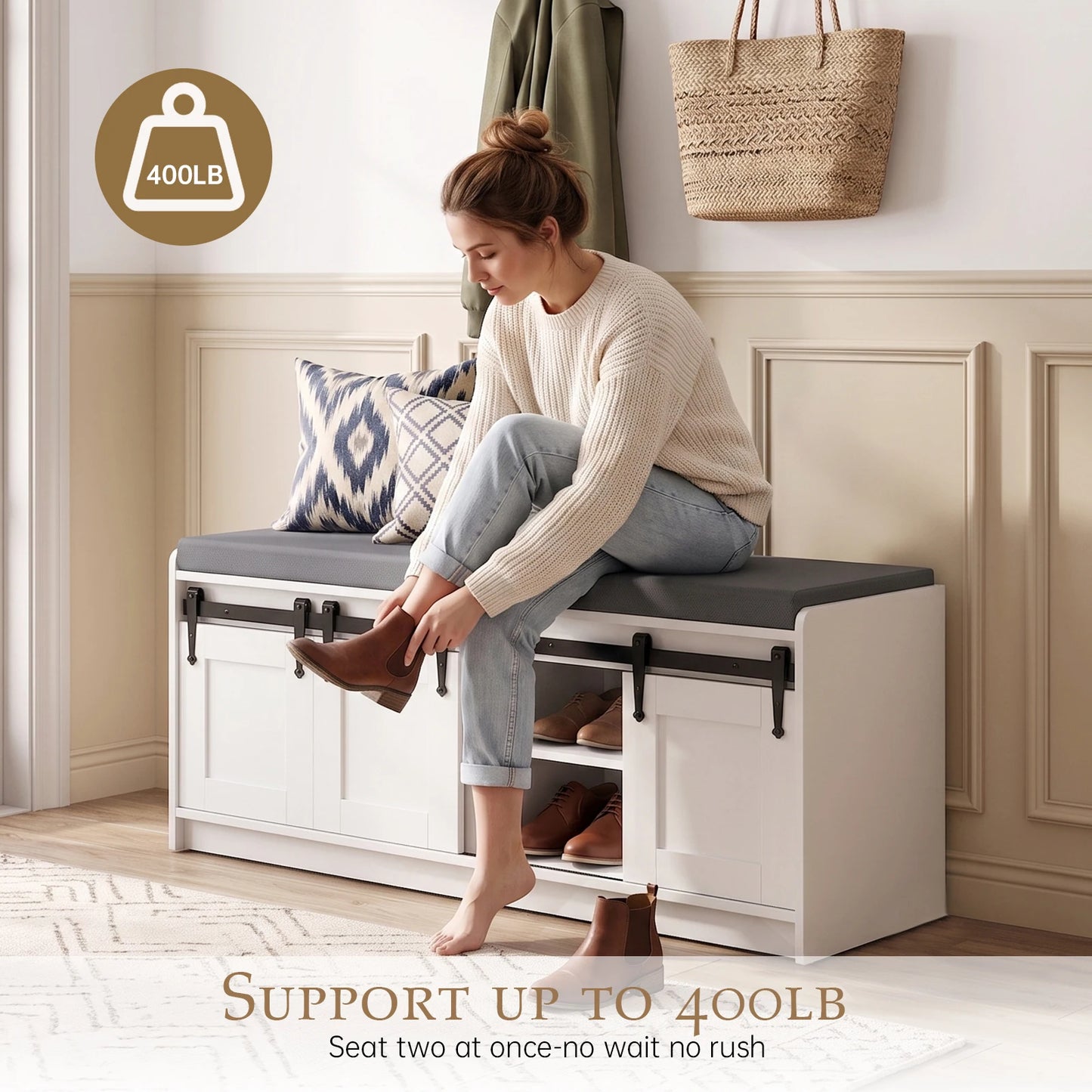 TinyNest Farmhouse Shoe Bench With Padded Seat And Sliding Doors