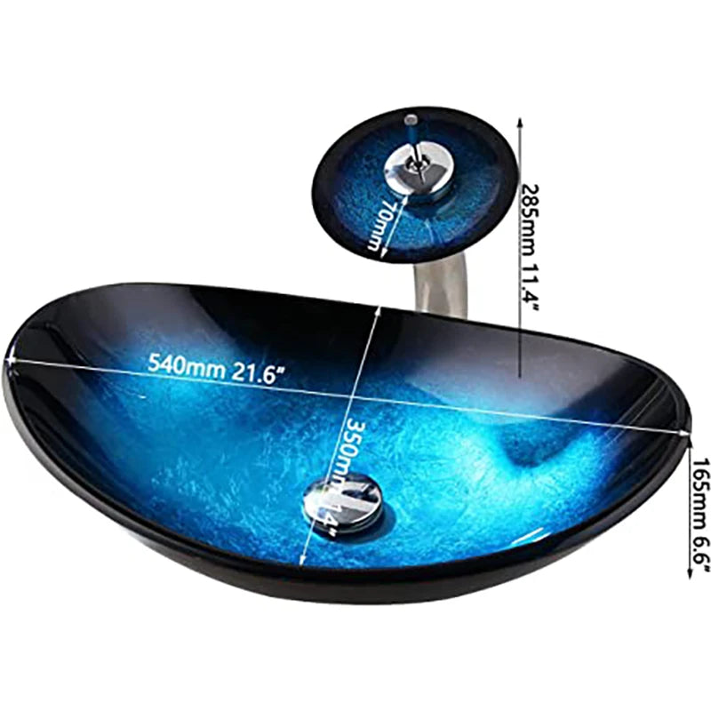 Mekkhalia Tempered Glass Oval Vessel Sink With Waterfall Faucet