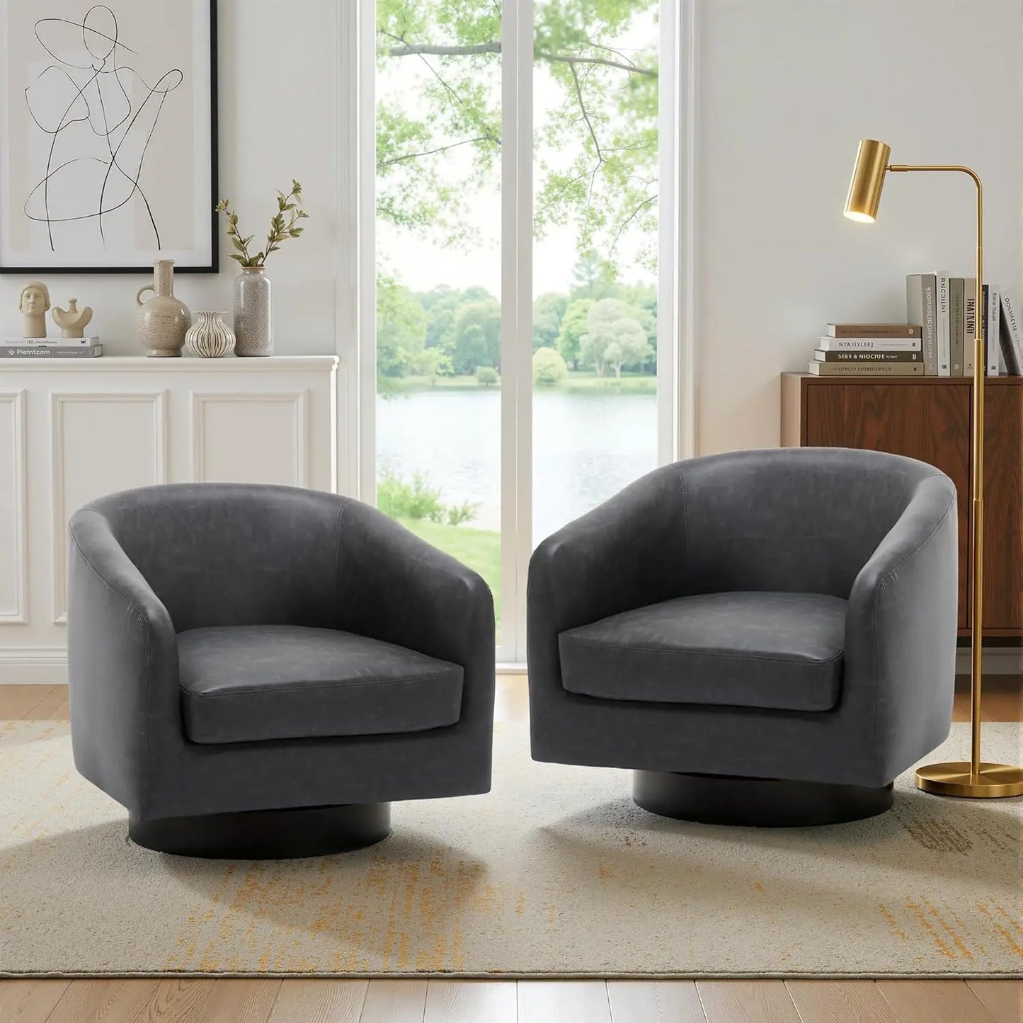 Swivel Accent Chair Set Of 2 Fabric Upholstered Barrel Armchairs
