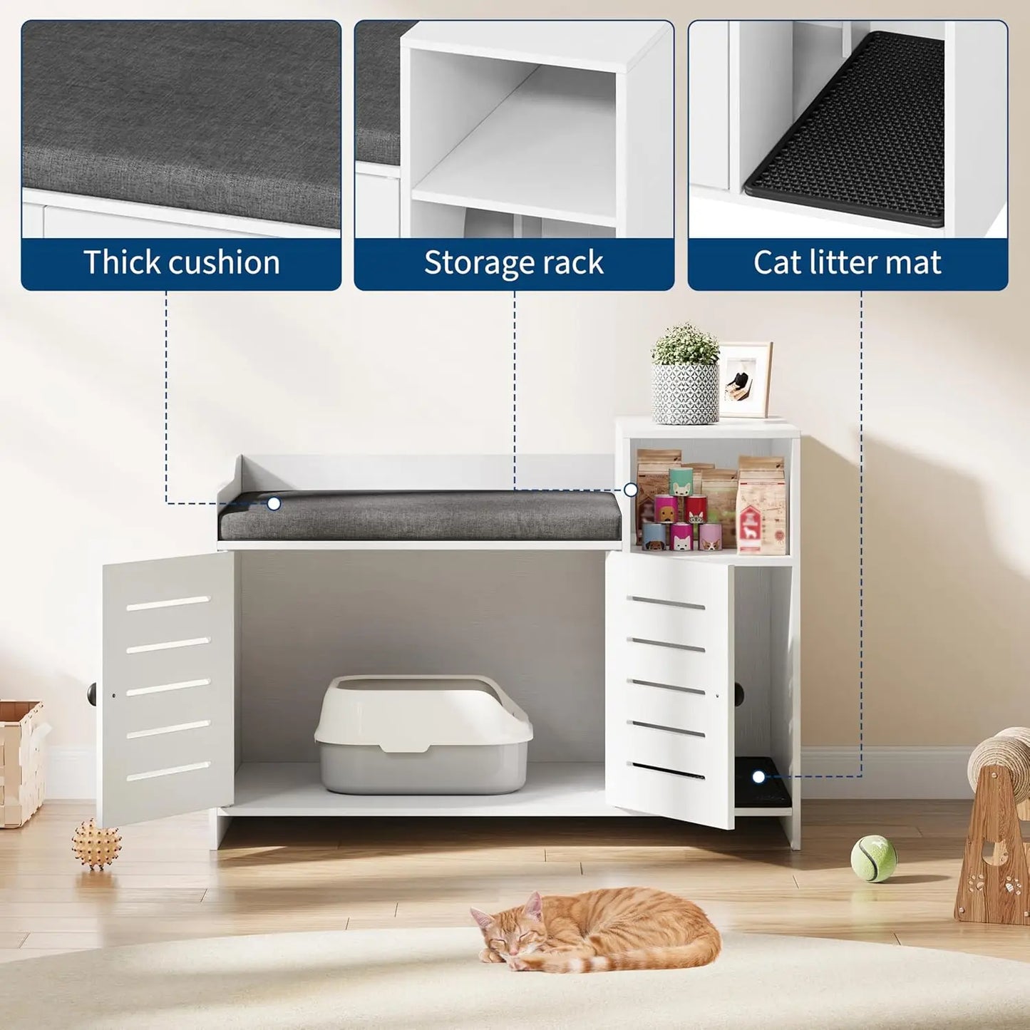 HiMISS Cat Litter Box Enclosure Cabinet With Scratch Pad