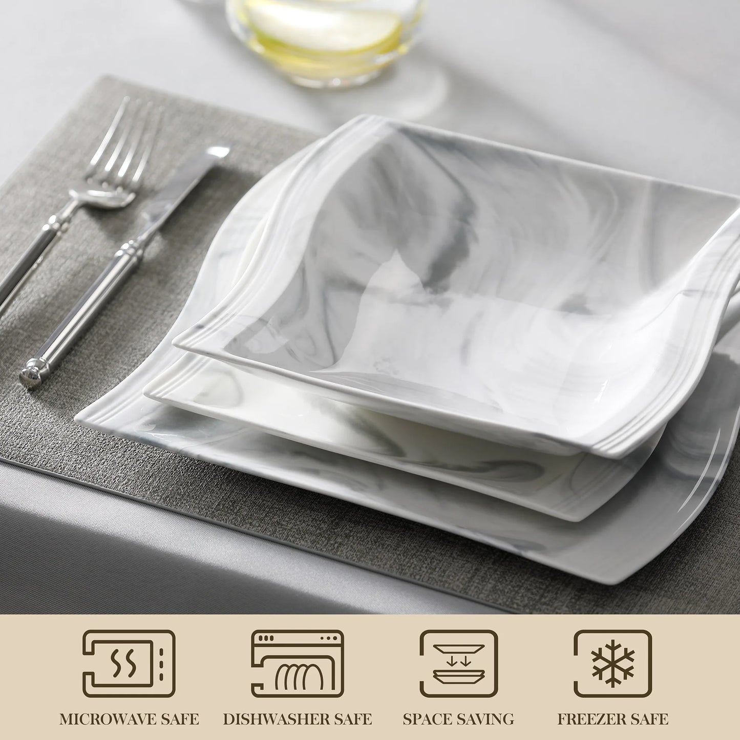 Malacasa Marble Porcelain Dinnerware Set With Cups And Saucers