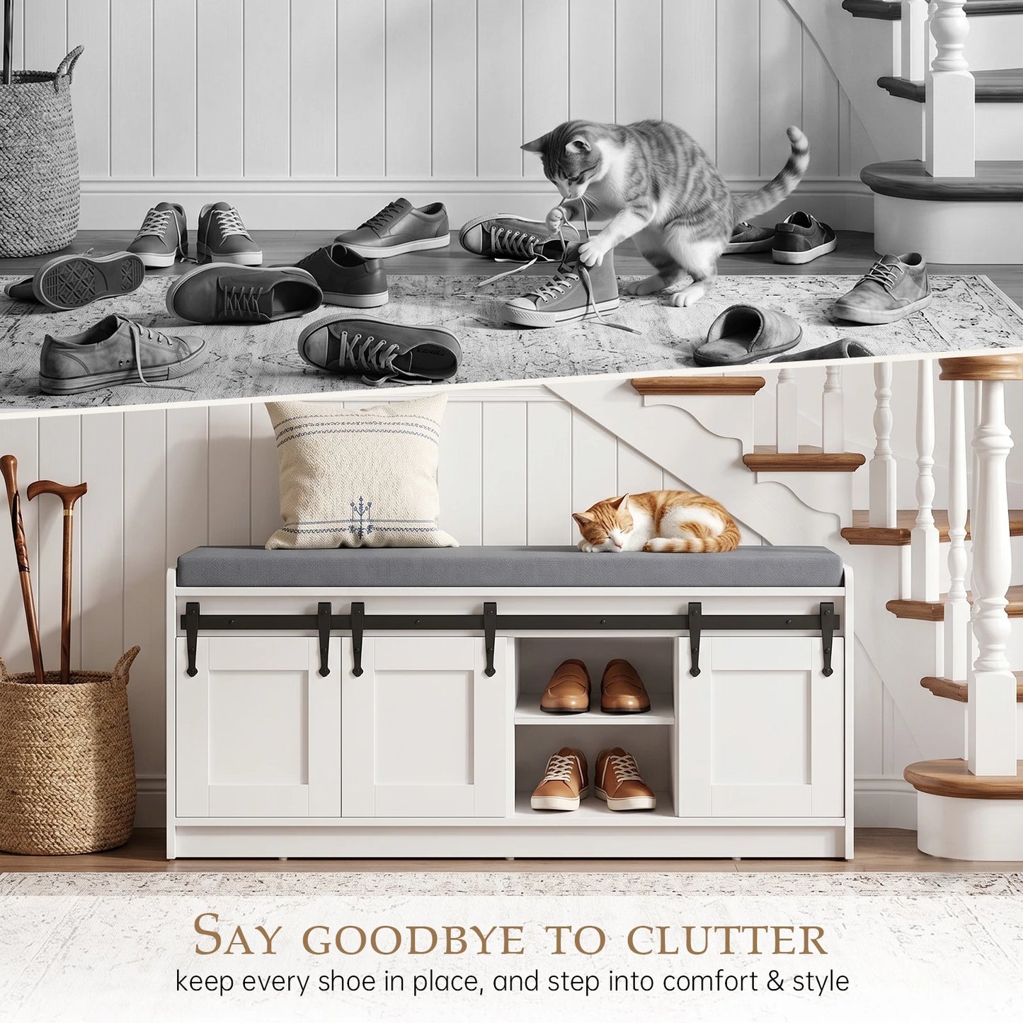 TinyNest Farmhouse Shoe Bench With Padded Seat And Sliding Doors