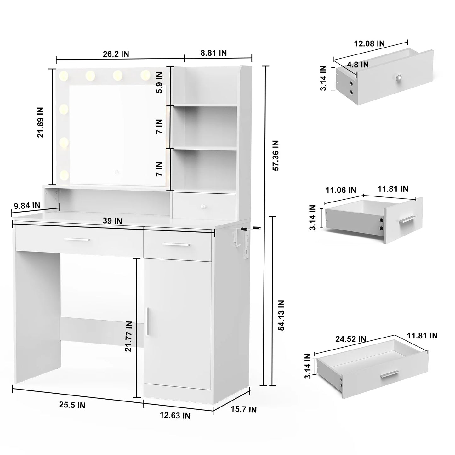 Jhk Bedroom Vanity Desk With Lighted Mirror And Wood Storage