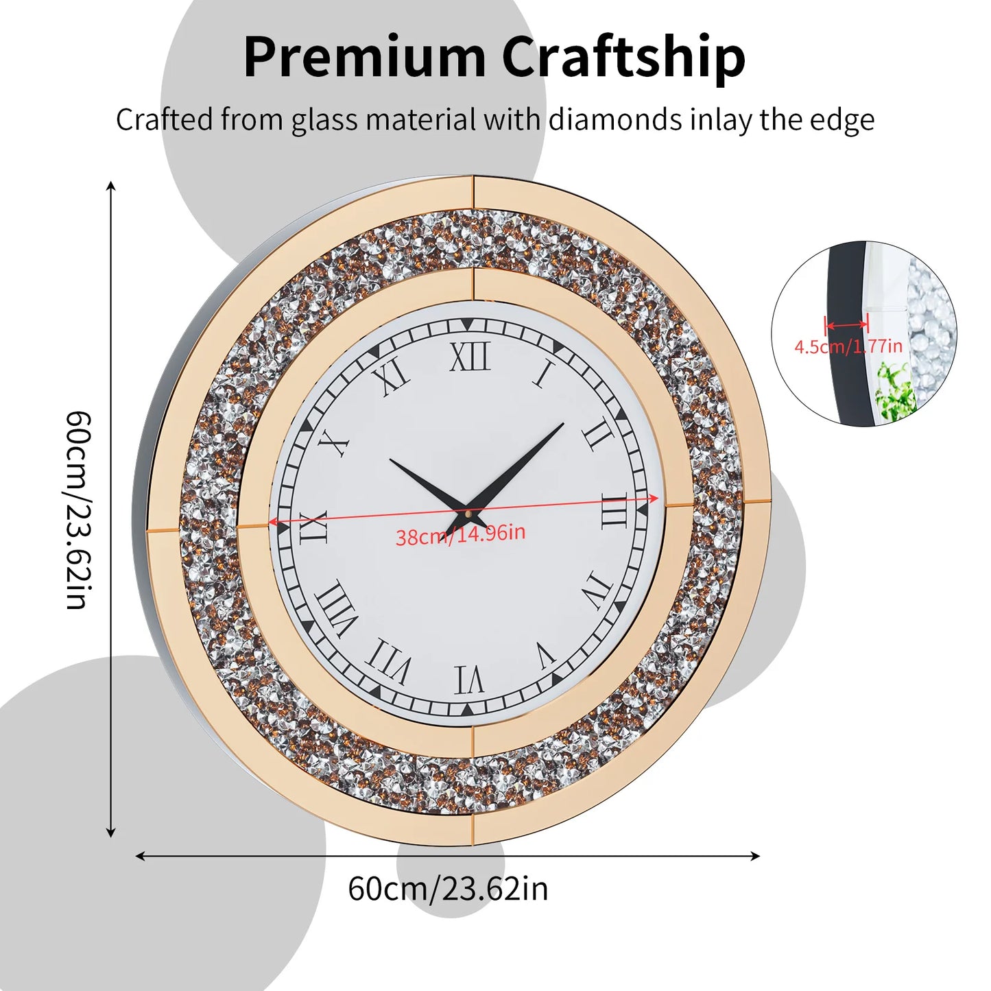 Round Mirrored Wall Clock Featuring Crystal Details And Alarm