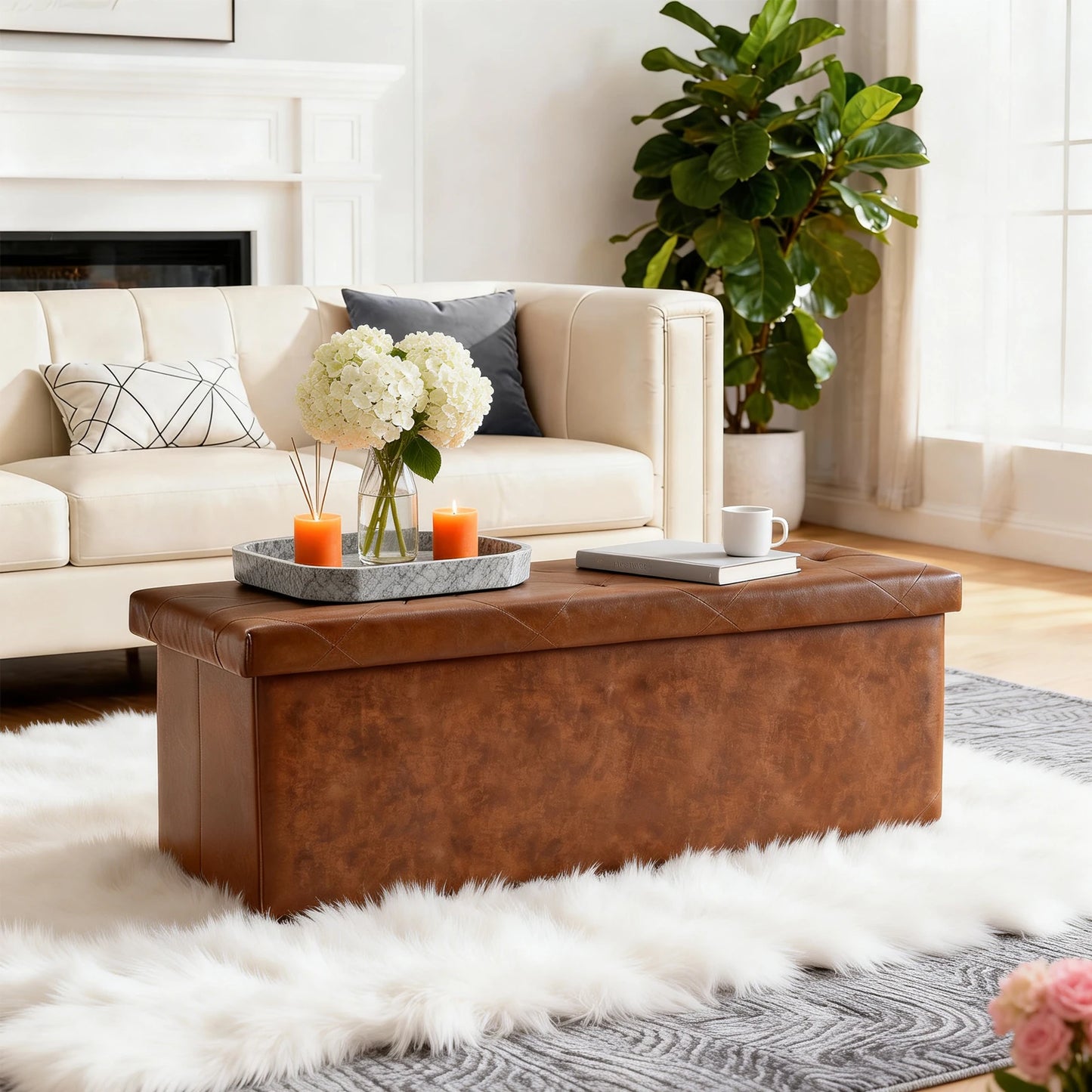 Tufted Faux Leather Storage Bench Ottoman 400lb Capacity Bedroom