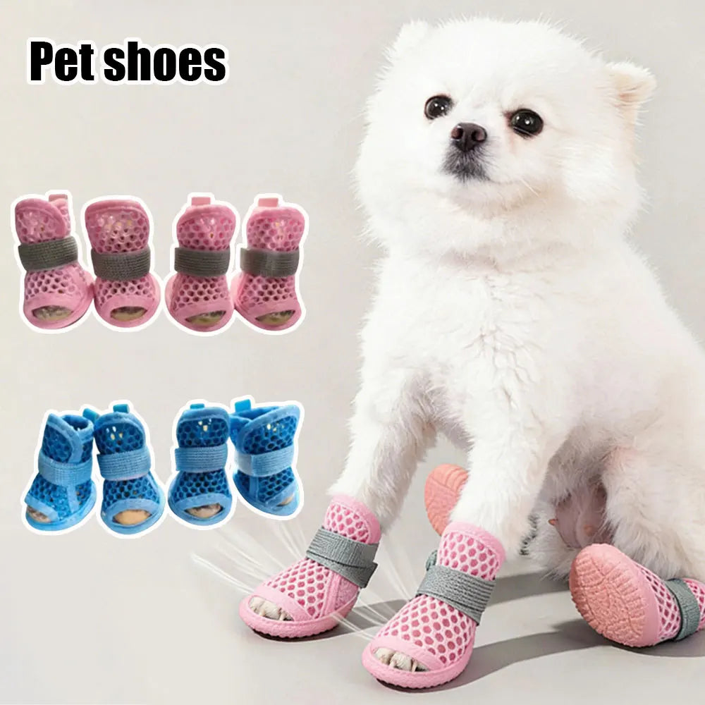 4 Pack Cute Mesh Dog Shoes Non Slip Soft Sole Boots With Elastic Straps