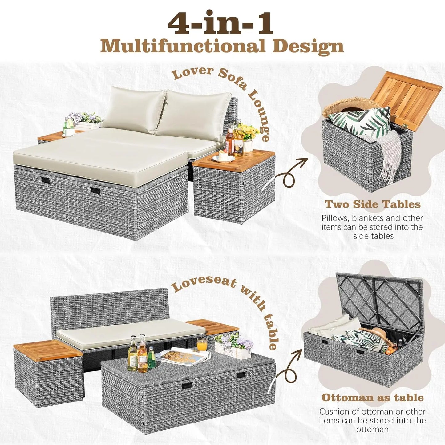 Outdoor Rattan Daybed With Side Tables And Storage Ottoman