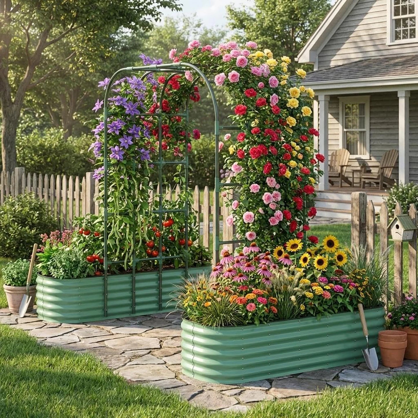 HiMiss Galvanized Steel Raised Garden Bed With Arch Trellis