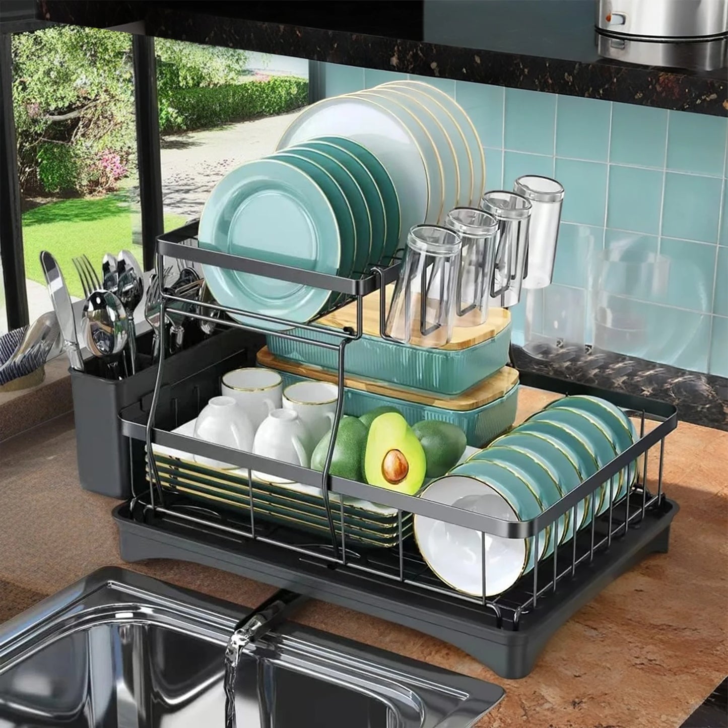 Two-Tier Dish Drying Rack for Kitchen Countertop with Removable Tray