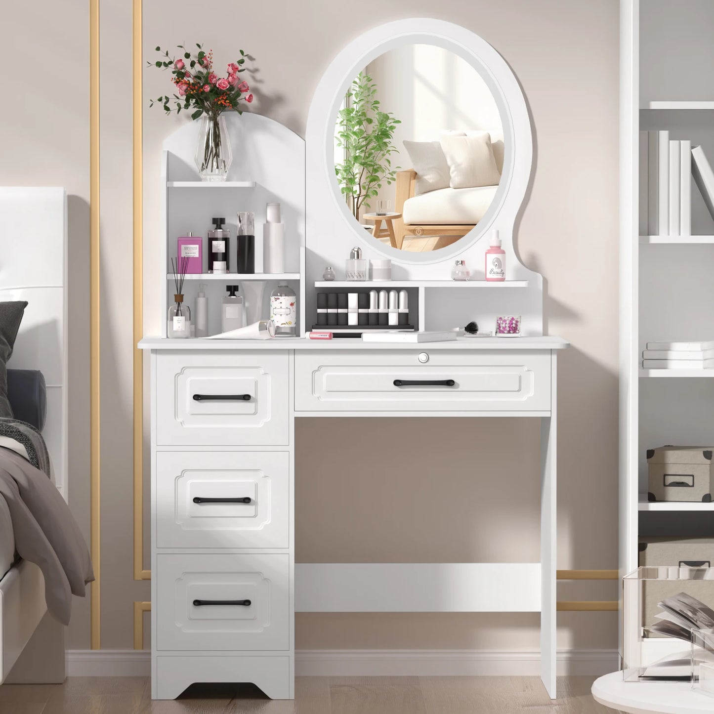 Modern Wooden Makeup Vanity Table With Mirror And Four Drawers