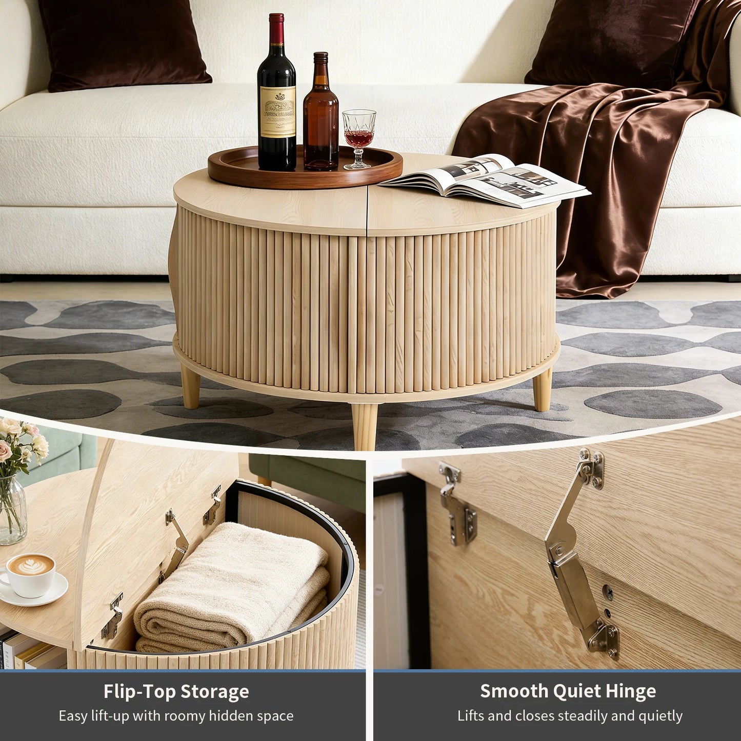 JHK Round Coffee Table With FlipTop Storage And Cabinet