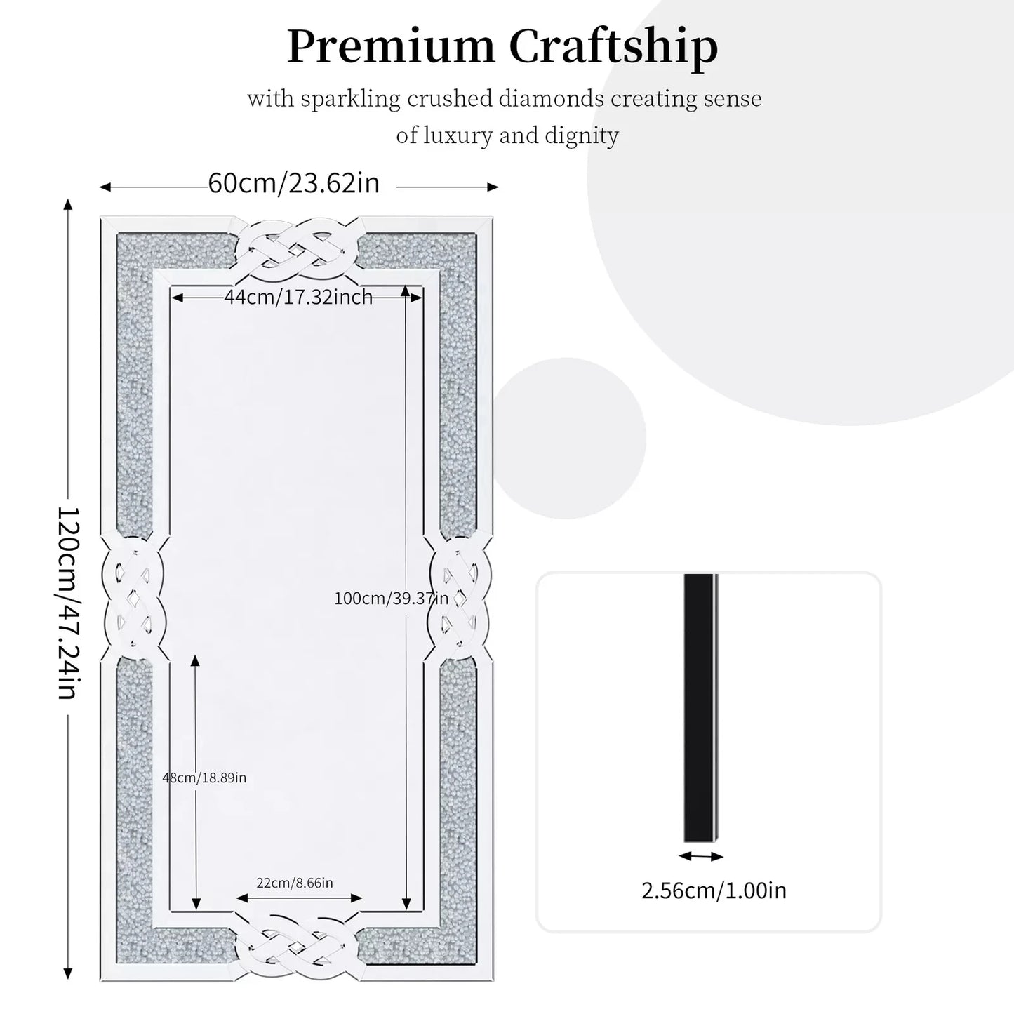 Wisfor Crushed Diamond Wall Mirror Frame Glass Rectangular Vanity Edge