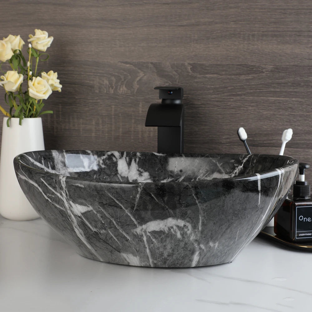 Mekkhal Ceramic Vessel Sink Set With Waterfall Faucet For Bathroom