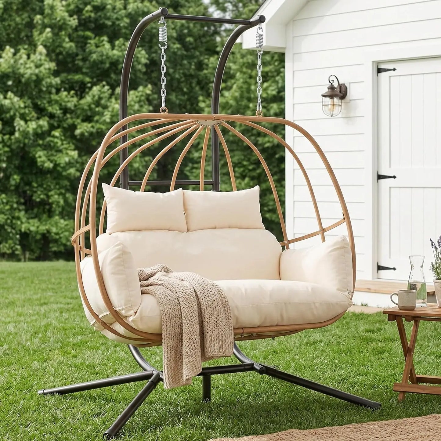 Double Egg Hanging Swing Chair With Stand Cushions Headrest