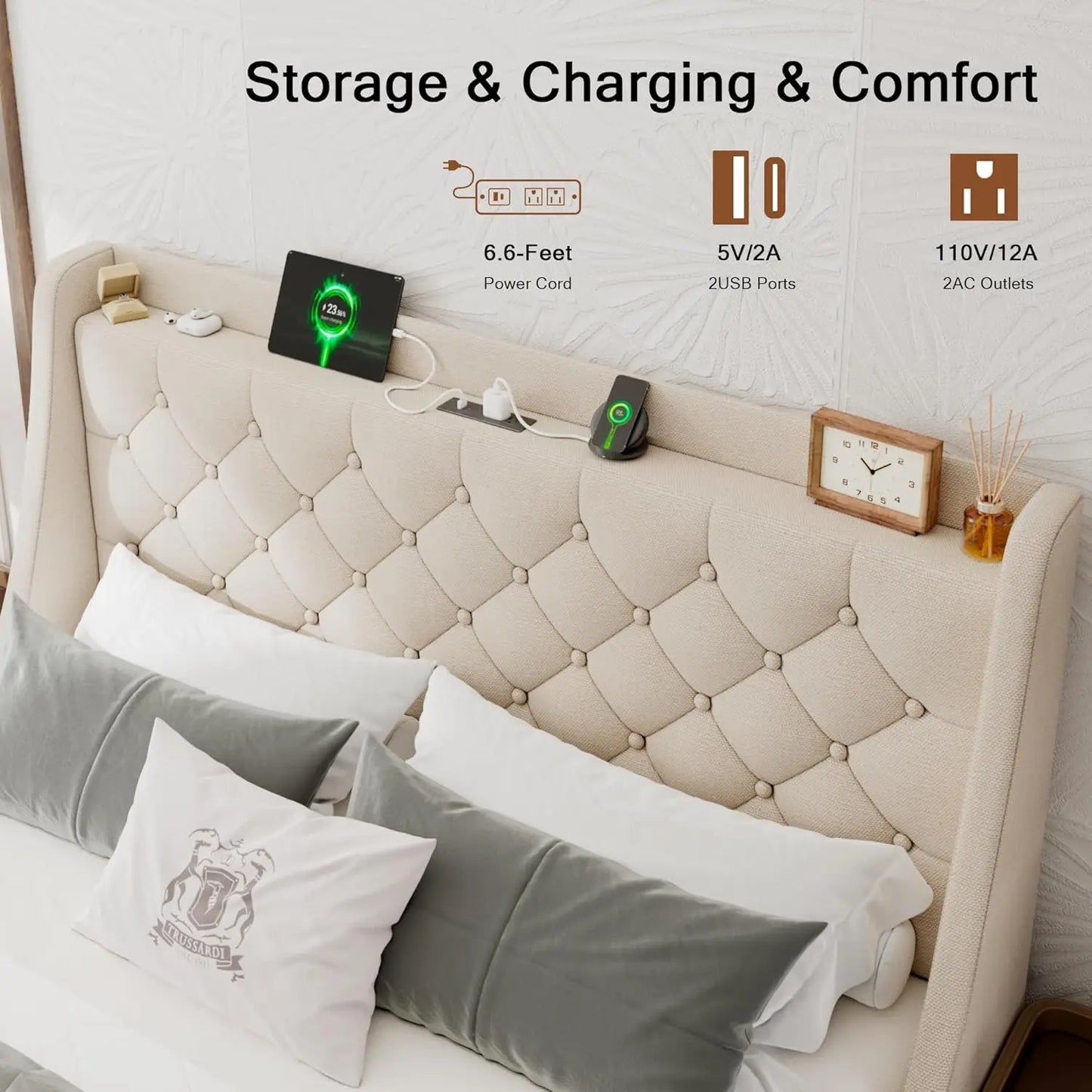 Upholstered Bed Frame With Storage Drawers And USB Charging Station