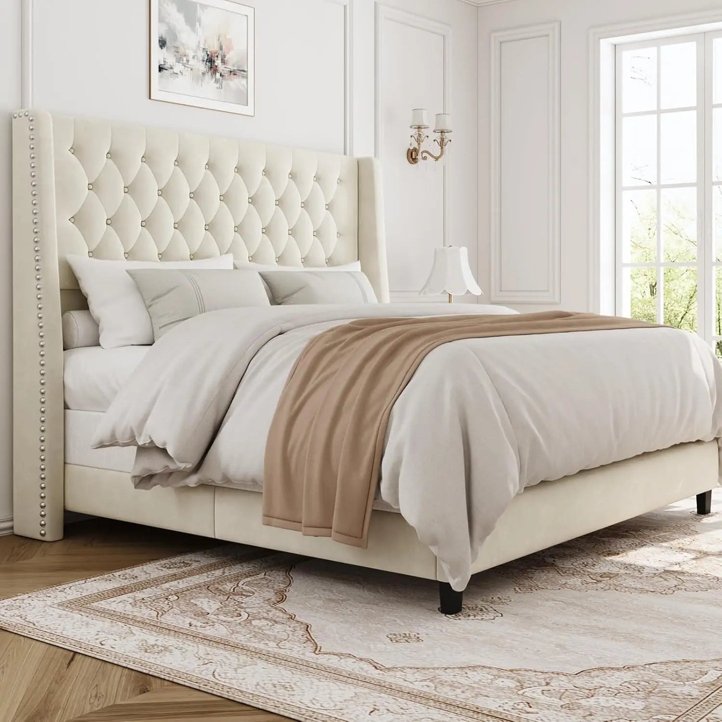 Upholstered Platform Bed Frame With Button Tufted Headboard