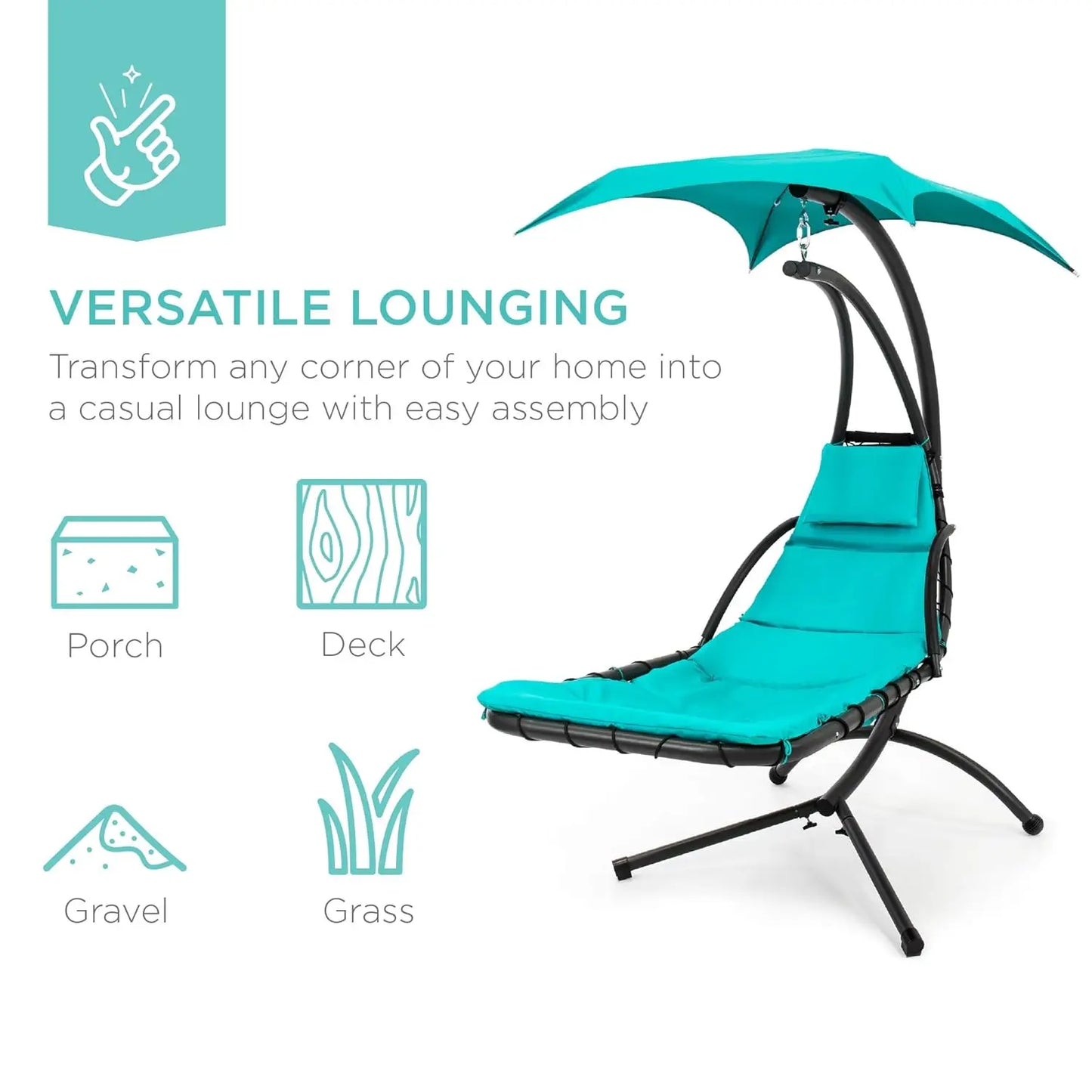 Curved Steel Outdoor Hanging Chaise Lounge Removable Canopy Pillow