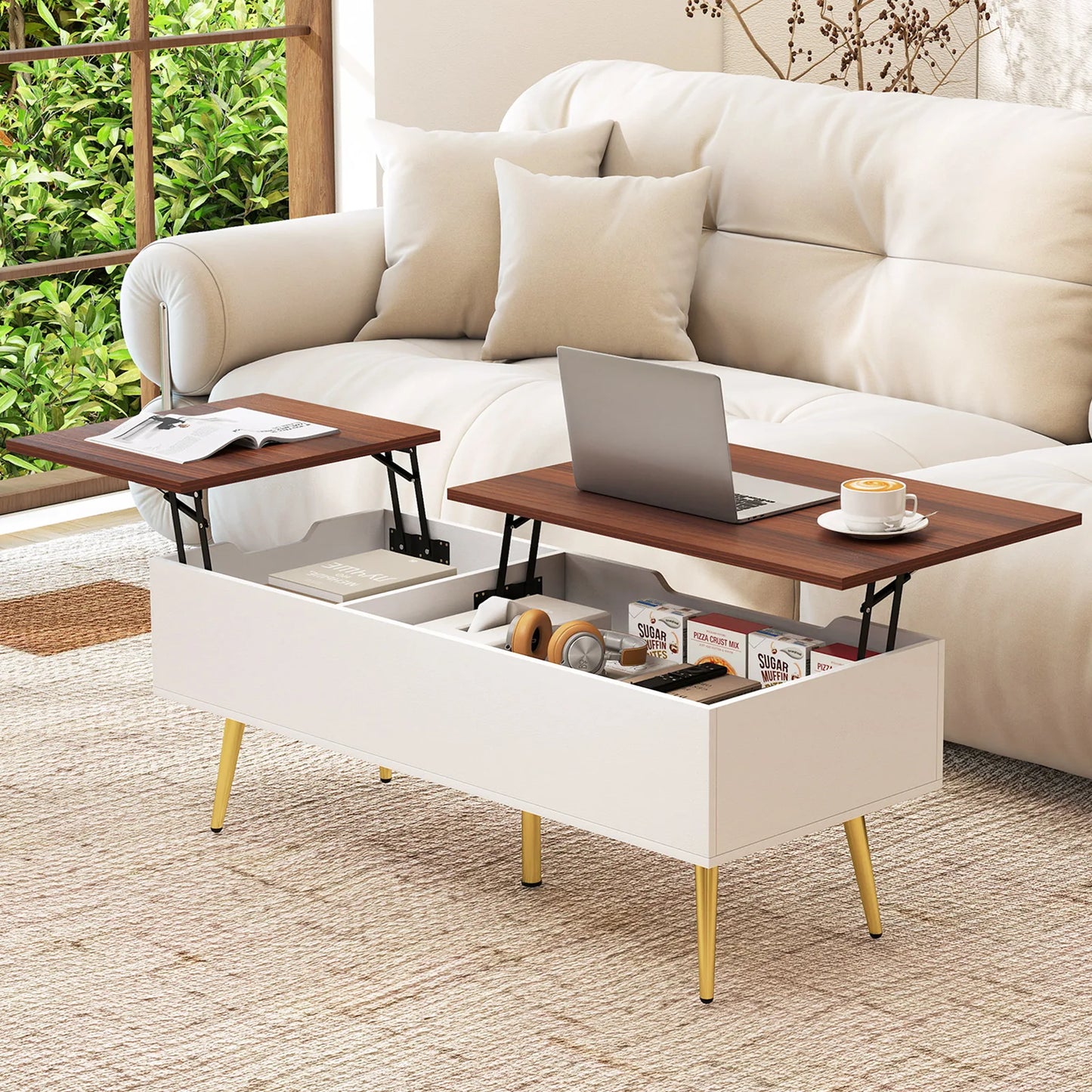 Homasis Lift Top Coffee Table With Twin Hidden Compartments