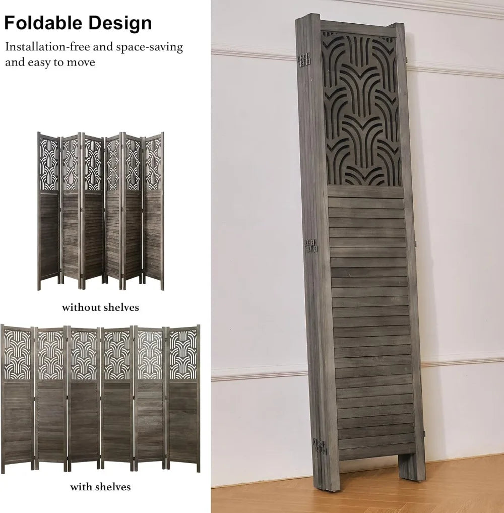 Six Panel Wooden Freestanding Room Divider Folding Privacy Screen