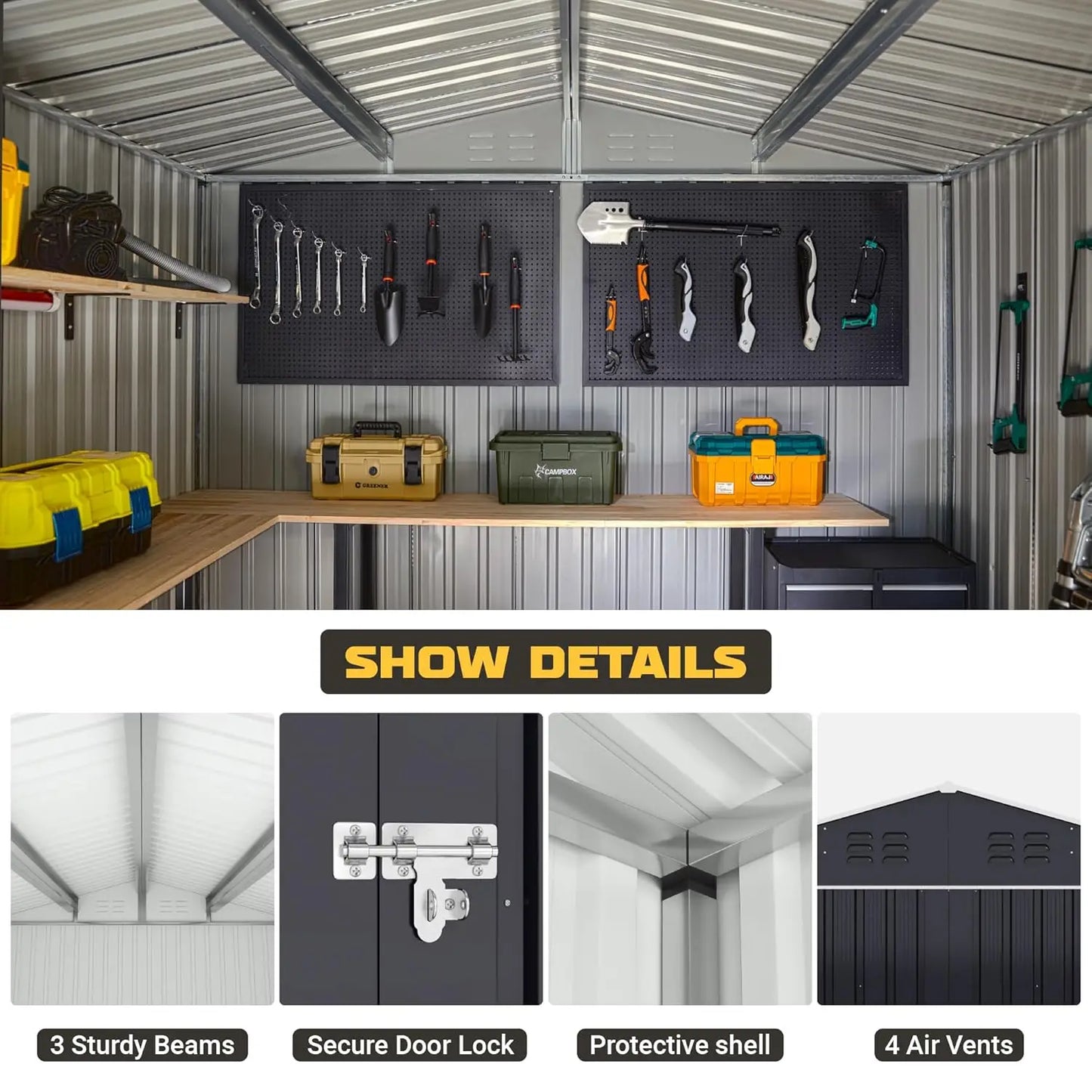 Outdoor Metal Storage Shed With Reinforced Frame Waterproof Customized