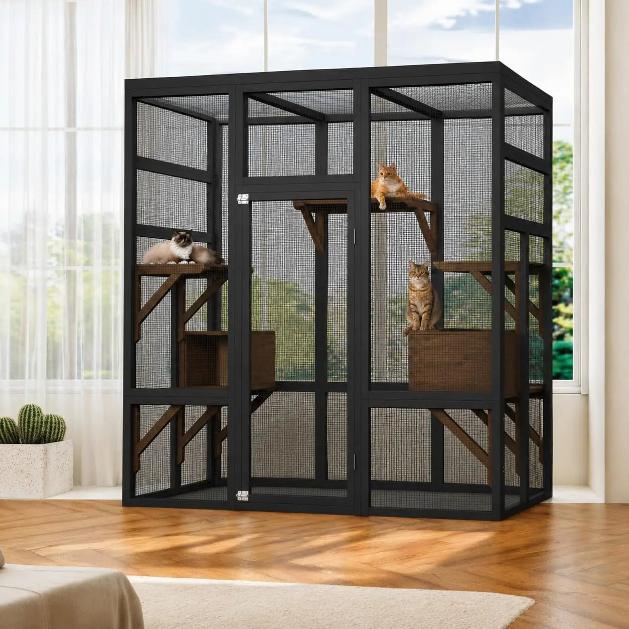 HiMISS Wooden Outdoor Catio Cat Enclosure With Five Platforms