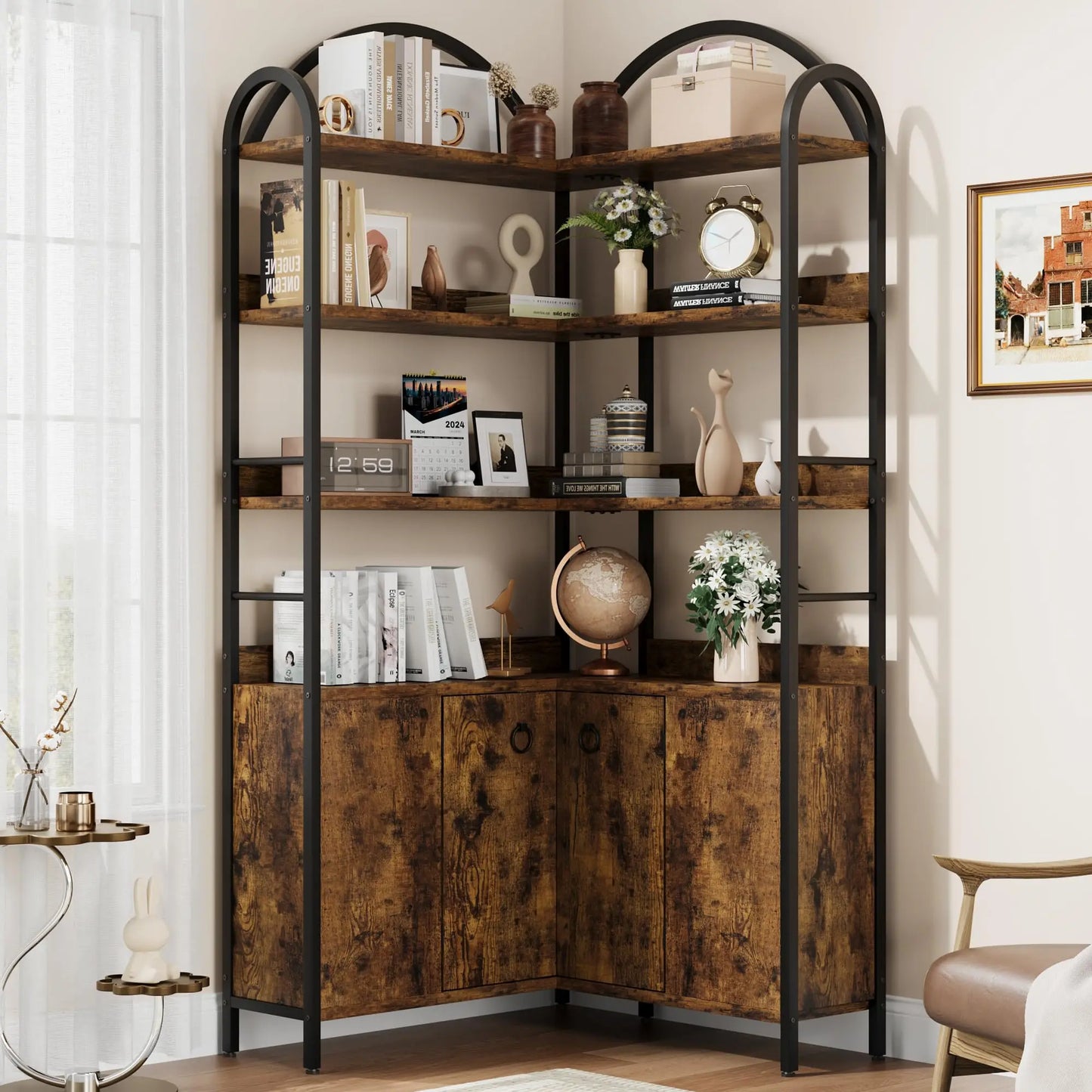 HiMiss Arched Corner Bookcase With Cabinet Storage Shelf Unit