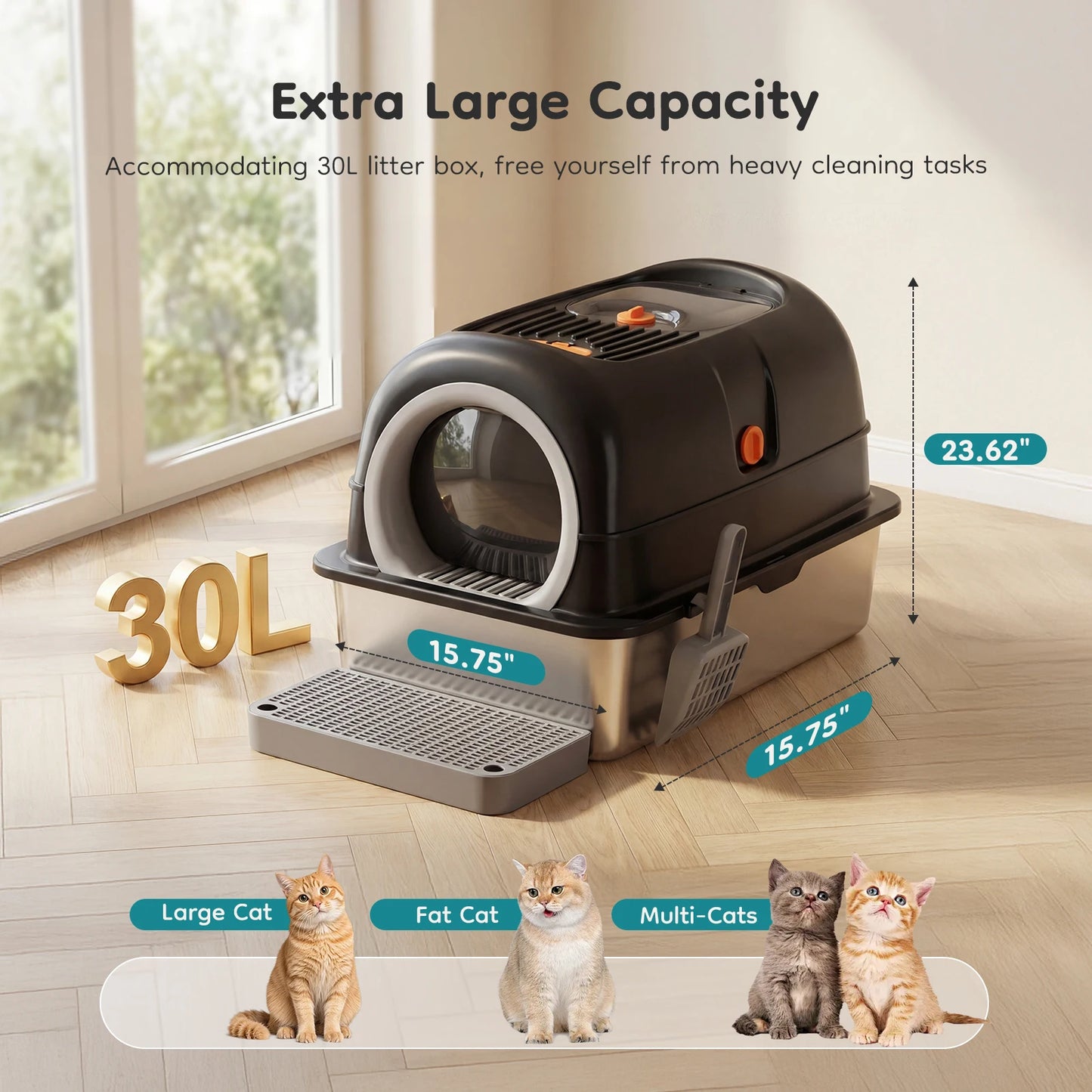 JHK Stainless Steel Cat Litter Box With Enclosed Design