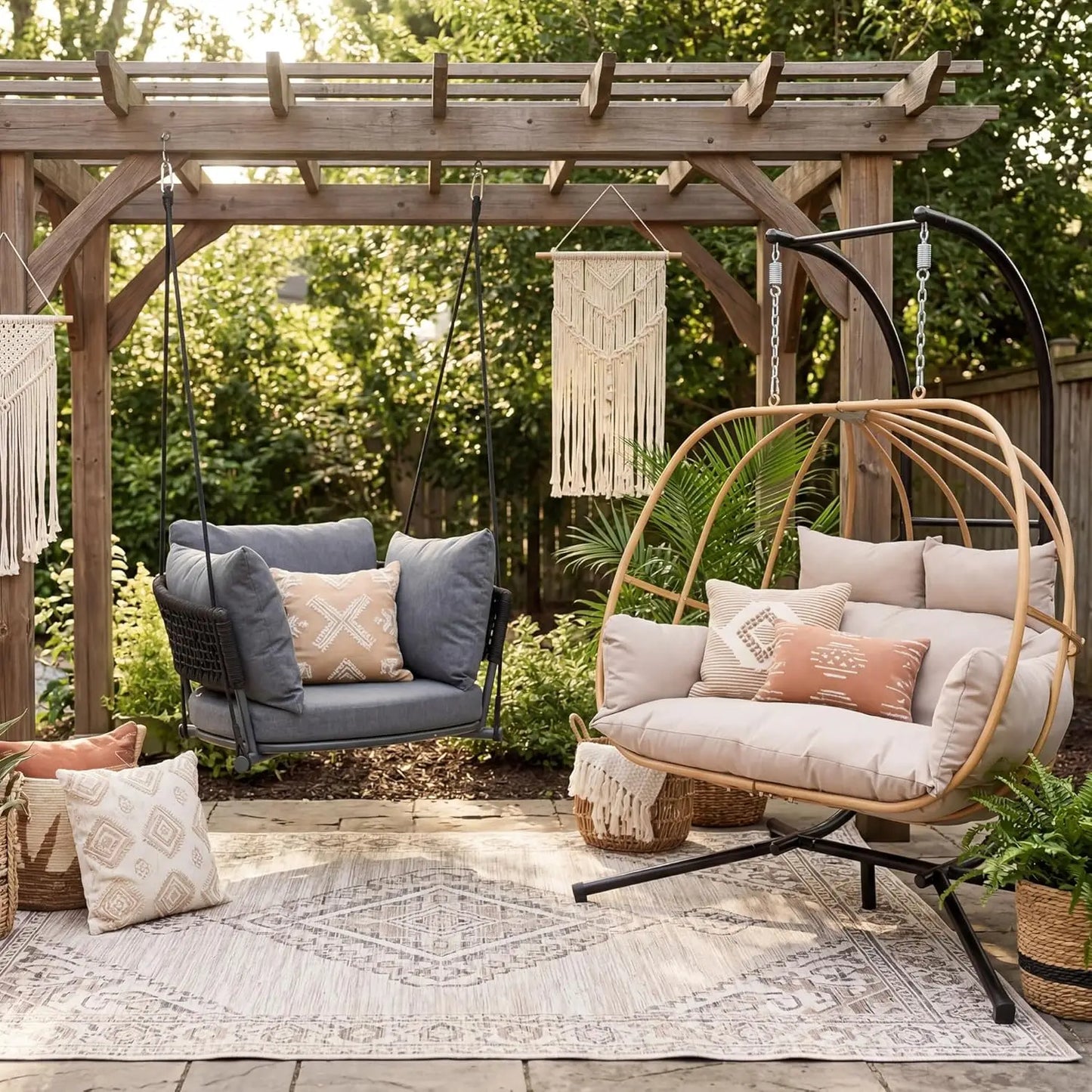Double Egg Hanging Swing Chair With Stand Cushions Headrest