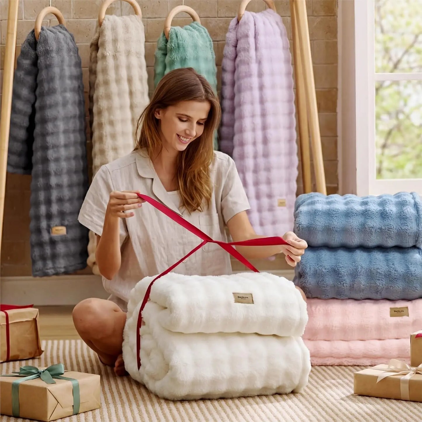 3D Fleece Bubble Blanket for Couch Sofa Cozy Cloud Throw