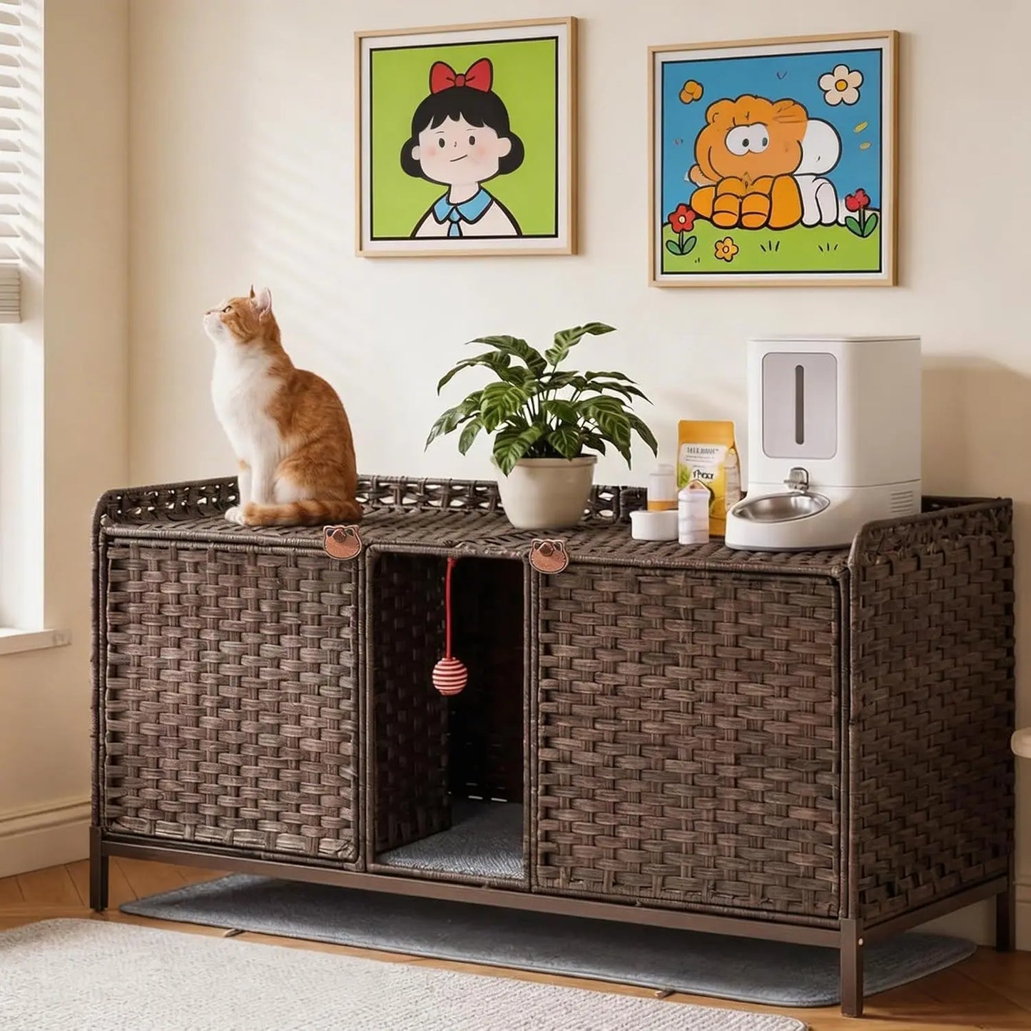 DishyKooker Hidden Cat Litter Box Enclosure Side Table Wicker Rattan