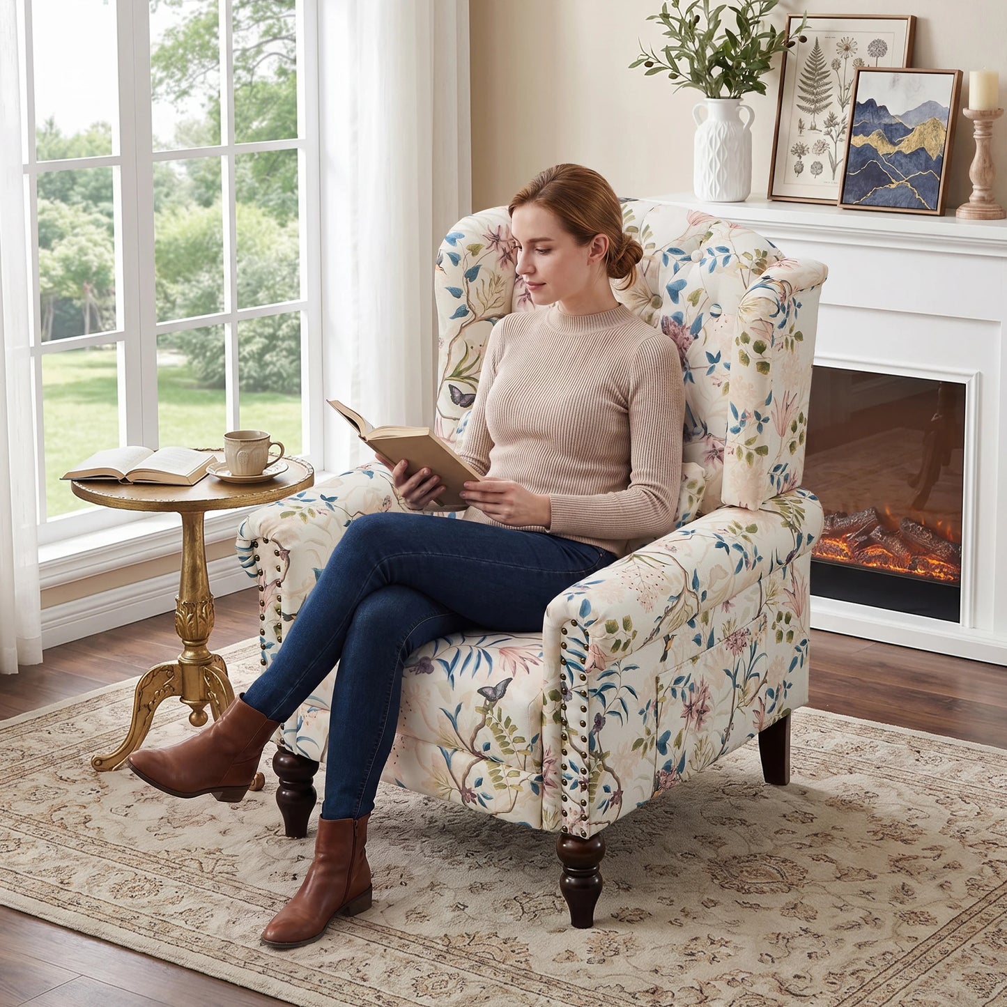 TCGBKAF Mid Century Modern Floral Fabric Wingback Accent Chair