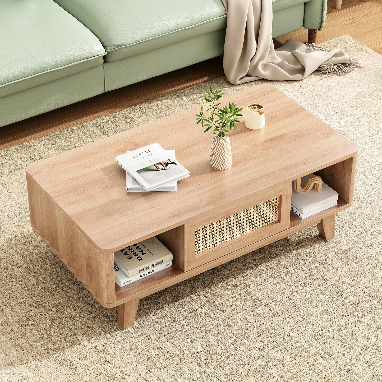 Farini Mid Century Modern Coffee Table With Rattan Drawer