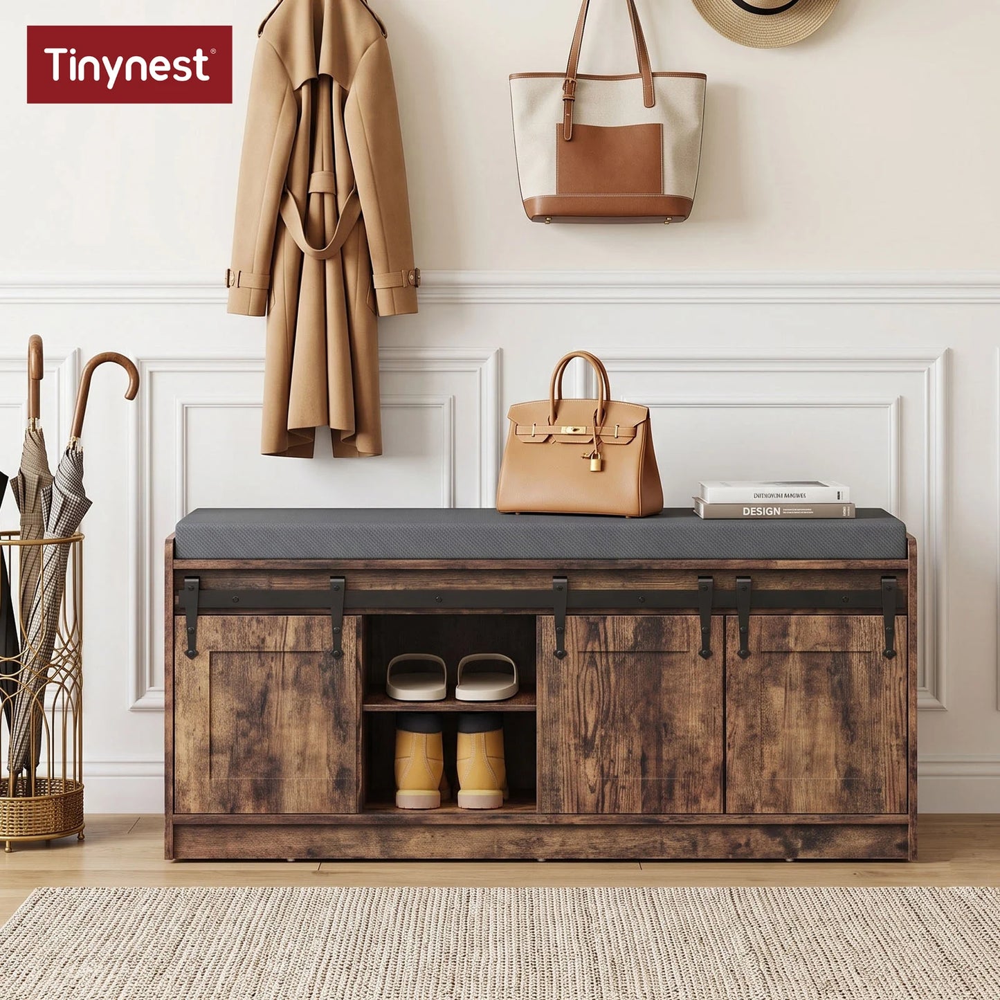 TinyNest Wooden Shoe Storage Bench With Soft Linen Cushion