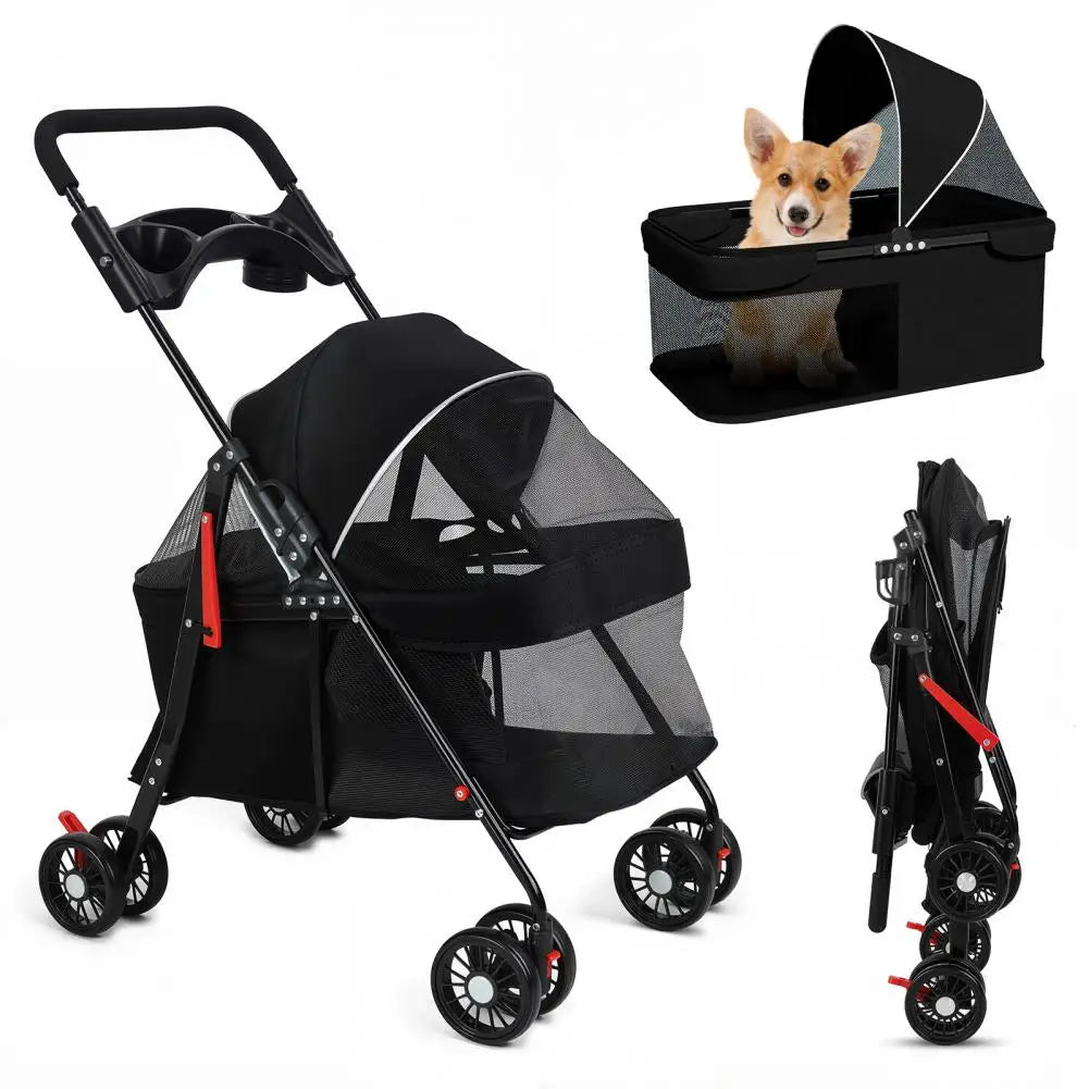 Foldable Pet Dog Cat Stroller With Cup Holder Breathable Mesh