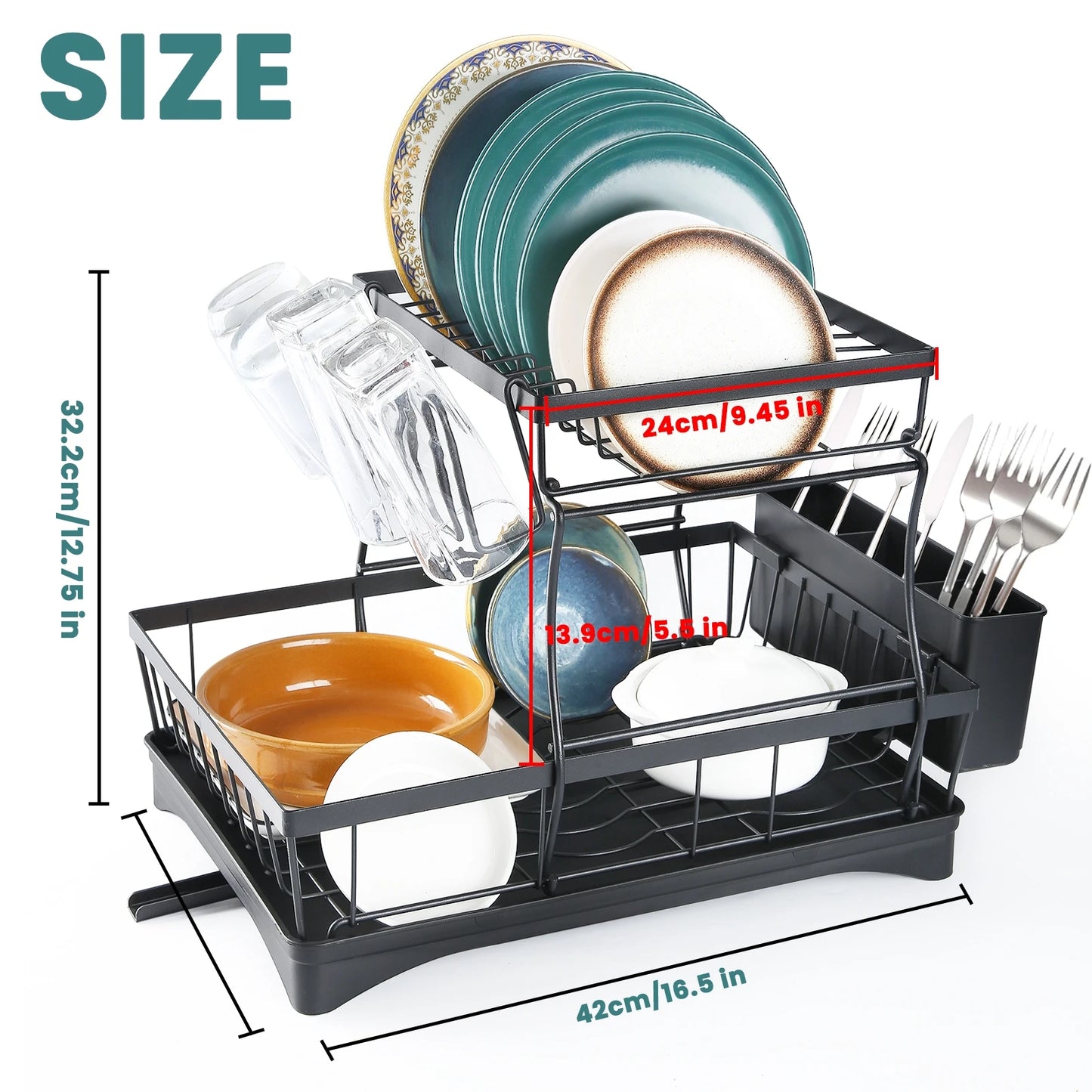 Two-Tier Dish Drying Rack for Kitchen Countertop with Removable Tray