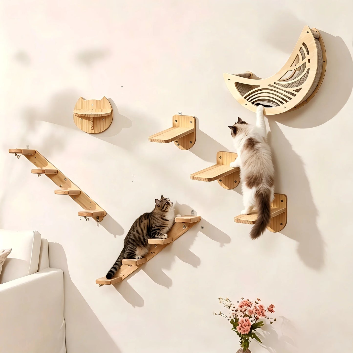CWV Wall Mounted Cat Shelves Solid Pine Wood Perch Set