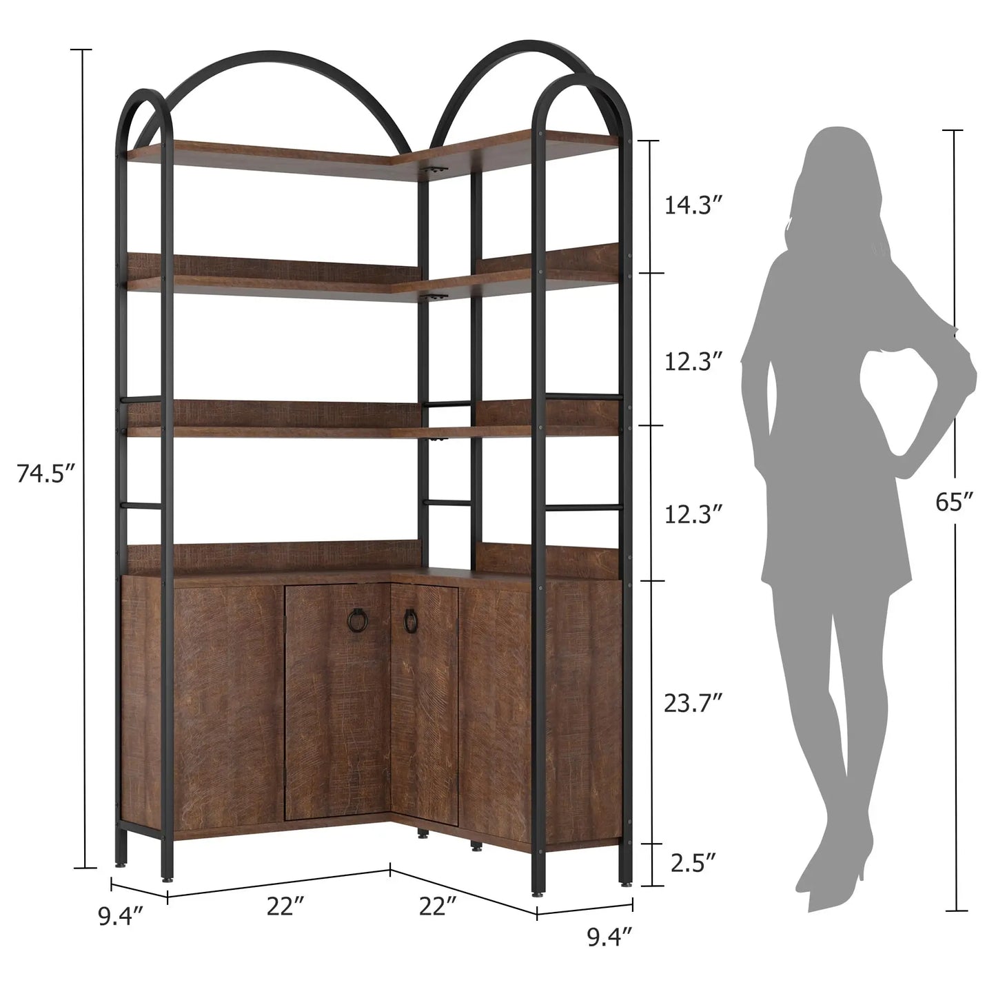 HiMiss Arched Corner Bookcase With Cabinet Storage Shelf Unit