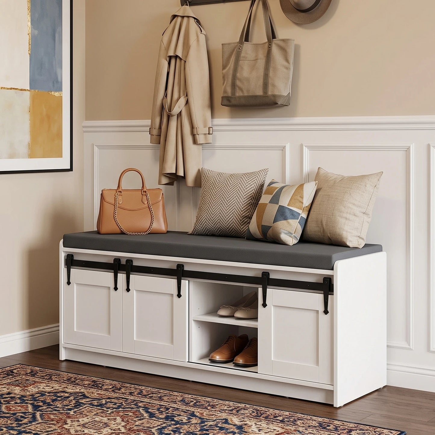 TinyNest Farmhouse Shoe Bench With Padded Seat And Sliding Doors