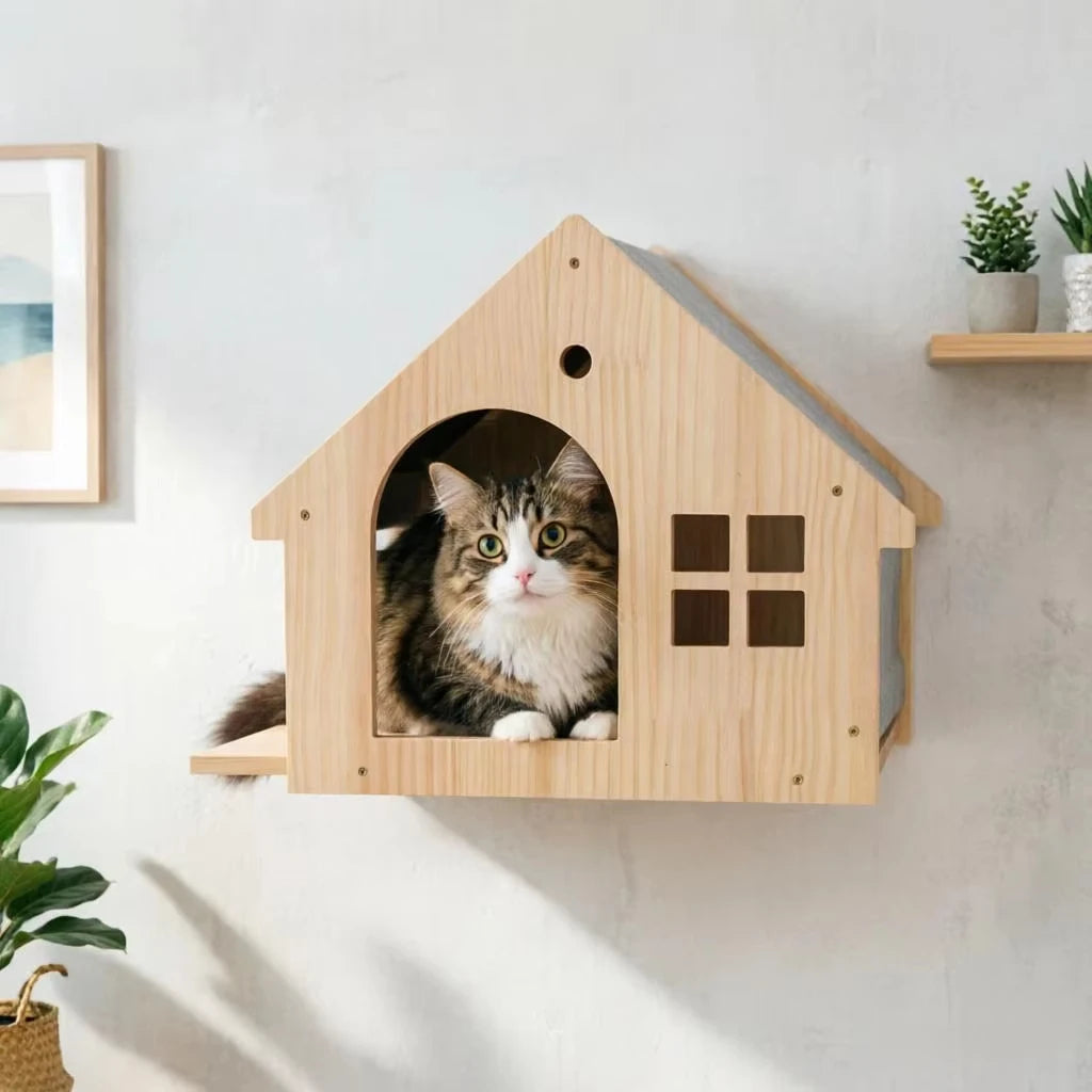 Wooden Wall Mounted Cat Condo Villa Shelf For Cats