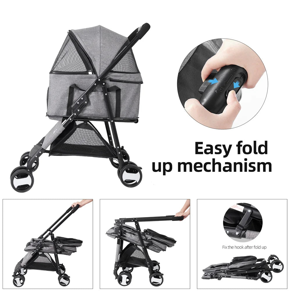 Foldable Pet Dog Stroller With Four Wheels And Storage Basket