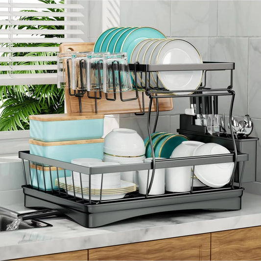 Two-Tier Dish Drying Rack for Kitchen Countertop with Removable Tray