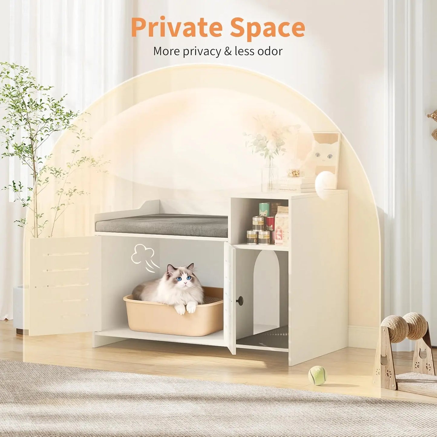 HiMISS Cat Litter Box Enclosure Cabinet With Scratch Pad