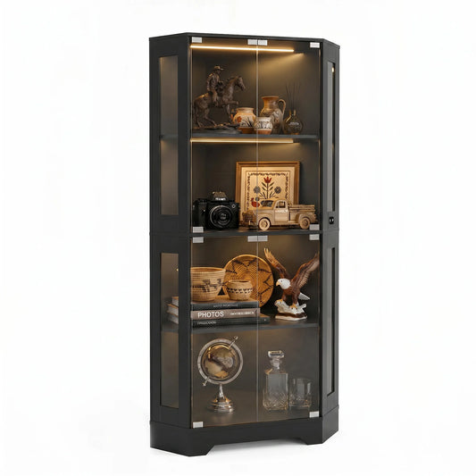 Acekool Corner Display Cabinet With LED Lights And Glass Doors