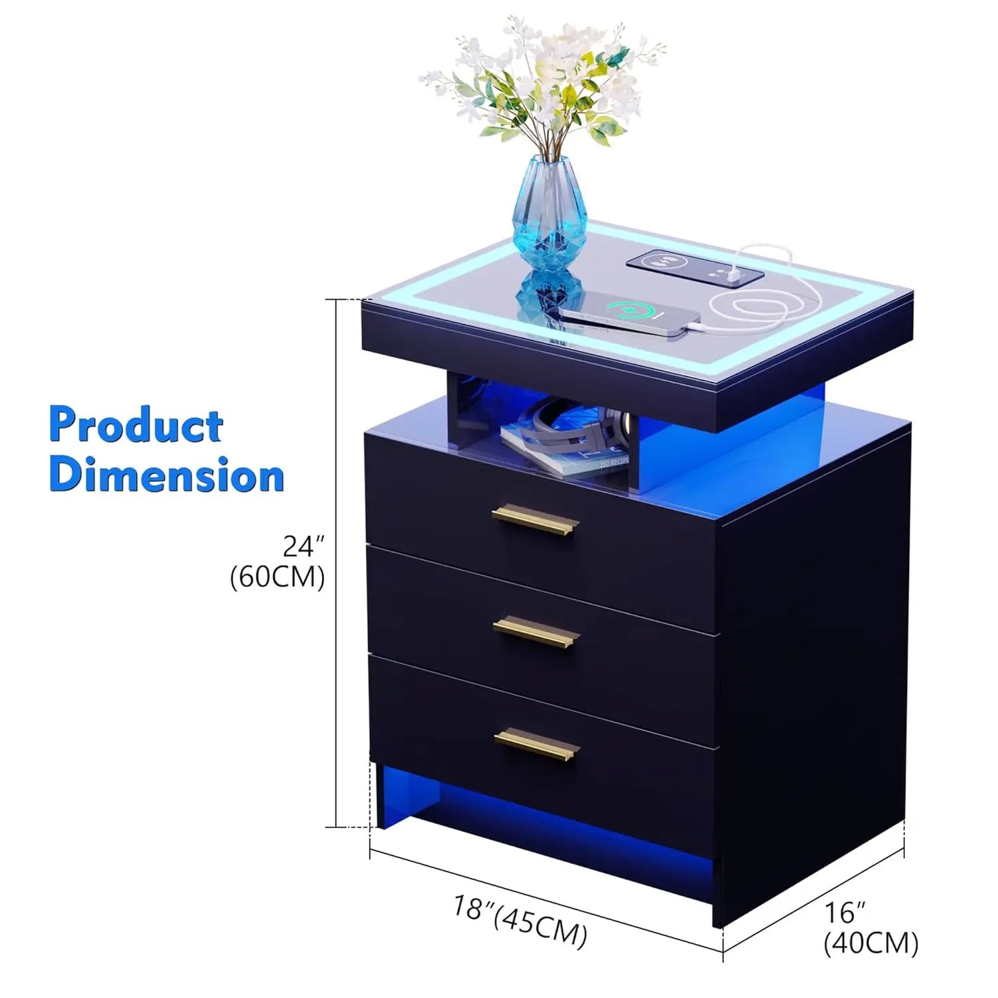 Wireless Charging Nightstand With Auto Sensor LED End Table