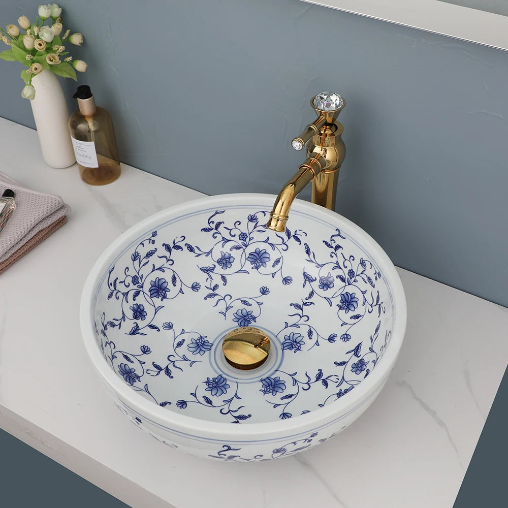 Mekkhala Ceramic Hand Painted Round Vessel Sink With Faucet