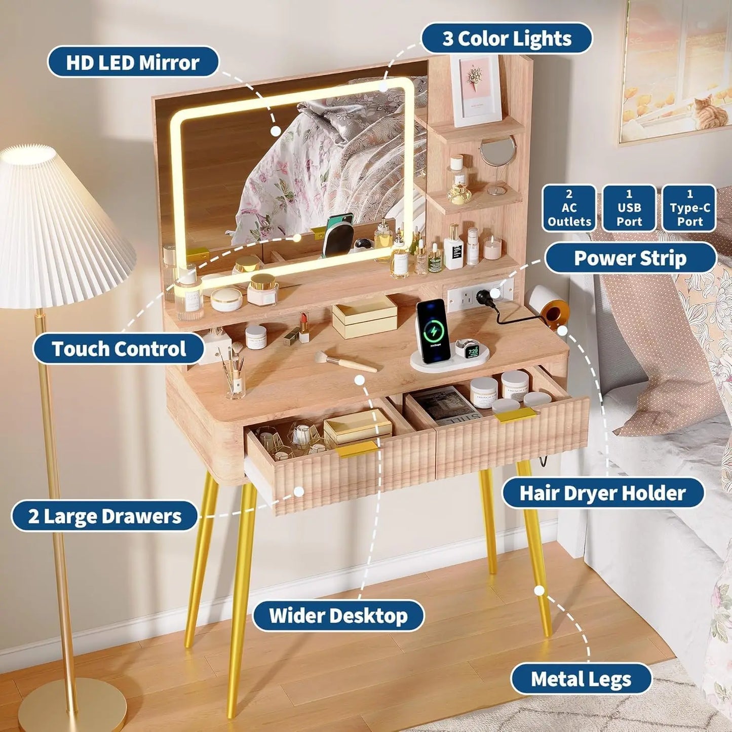 HiMISS Wooden Led Vanity Table With Lighted Mirror And Storage