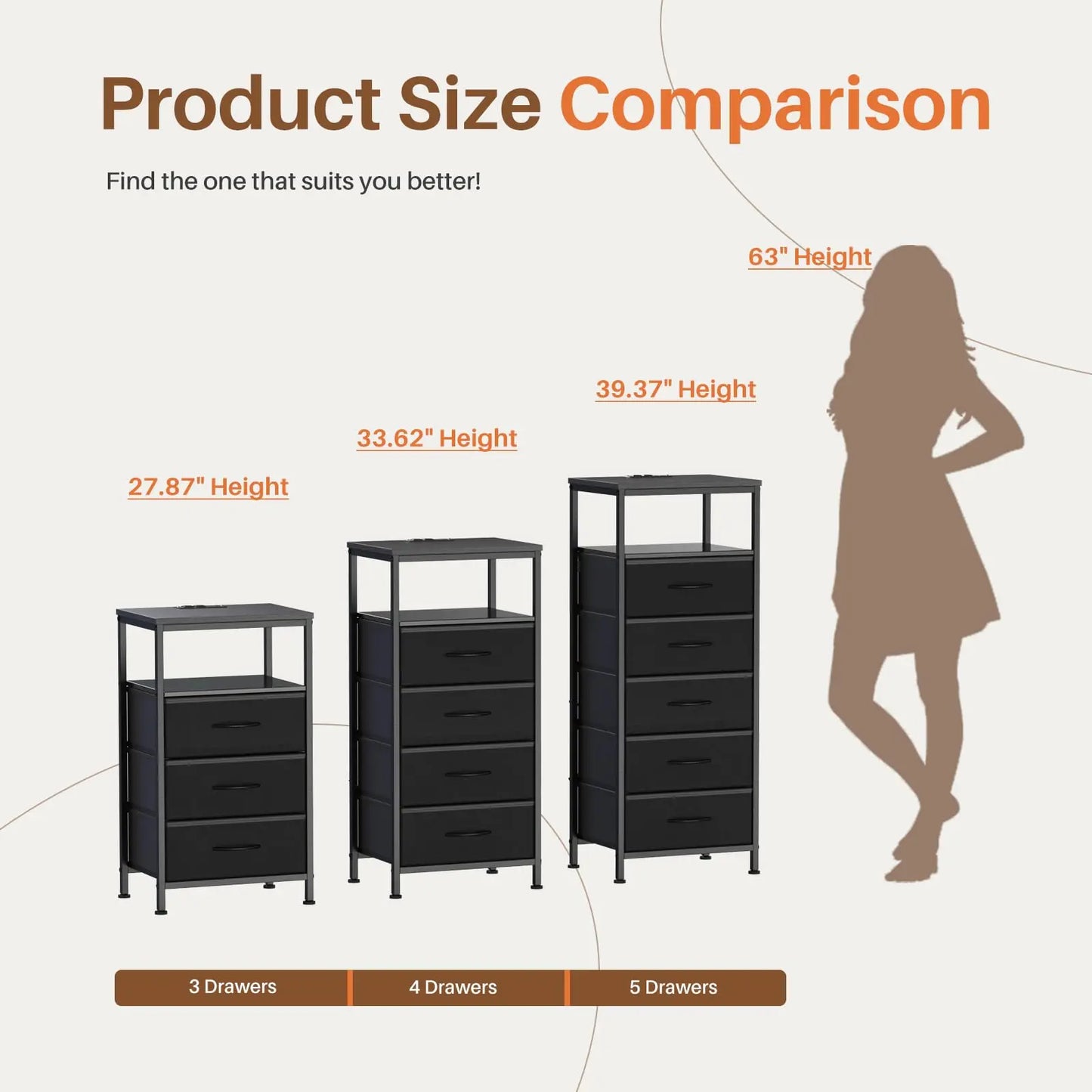 JHK 5 Fabric Drawers Dresser With Charging Station And Outlets
