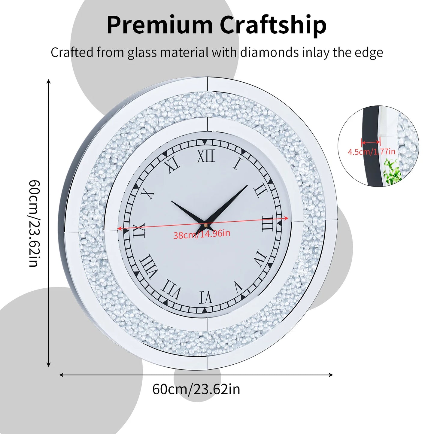 Round Mirrored Wall Clock Featuring Crystal Details And Alarm